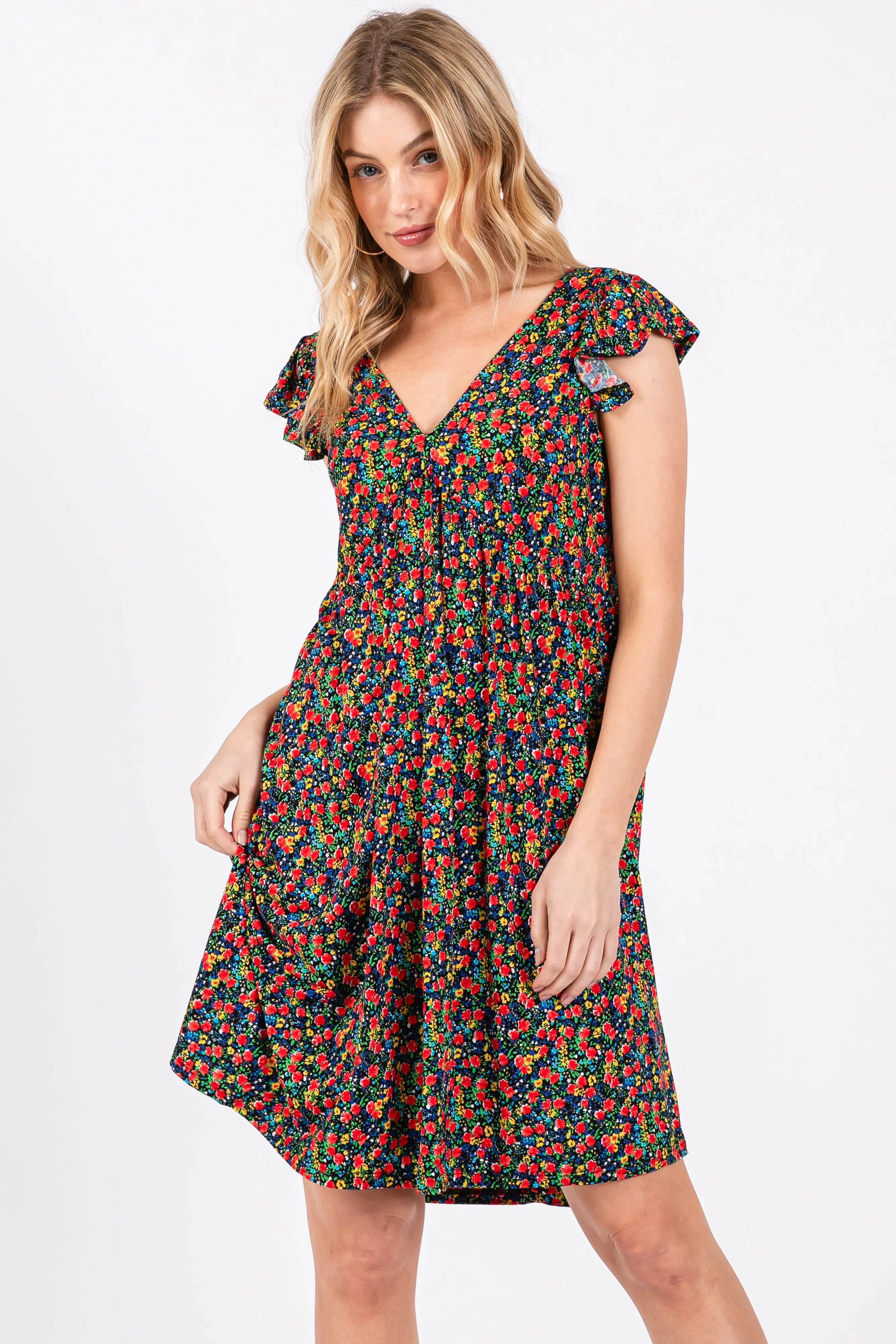 Black Floral V-Neck Dress sold by Pinkblush