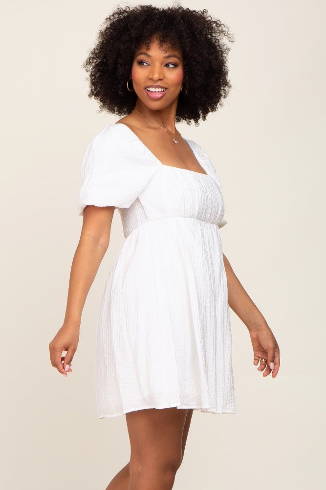 Ivory Striped Pleated Puff Sleeve Mini Dress sold by Pinkblush product image thumbnail 2