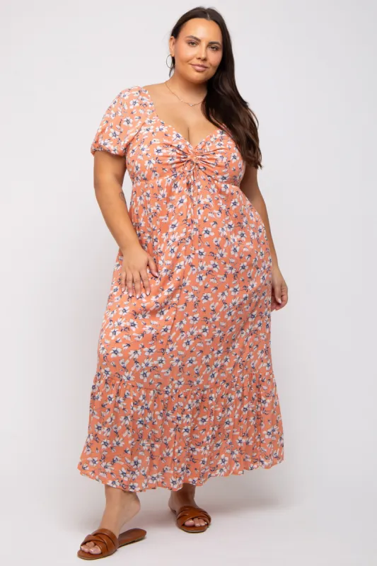 Peach Floral Sweetheart Drawstring Neck Short Sleeve Plus Midi Dress sold by Pinkblush