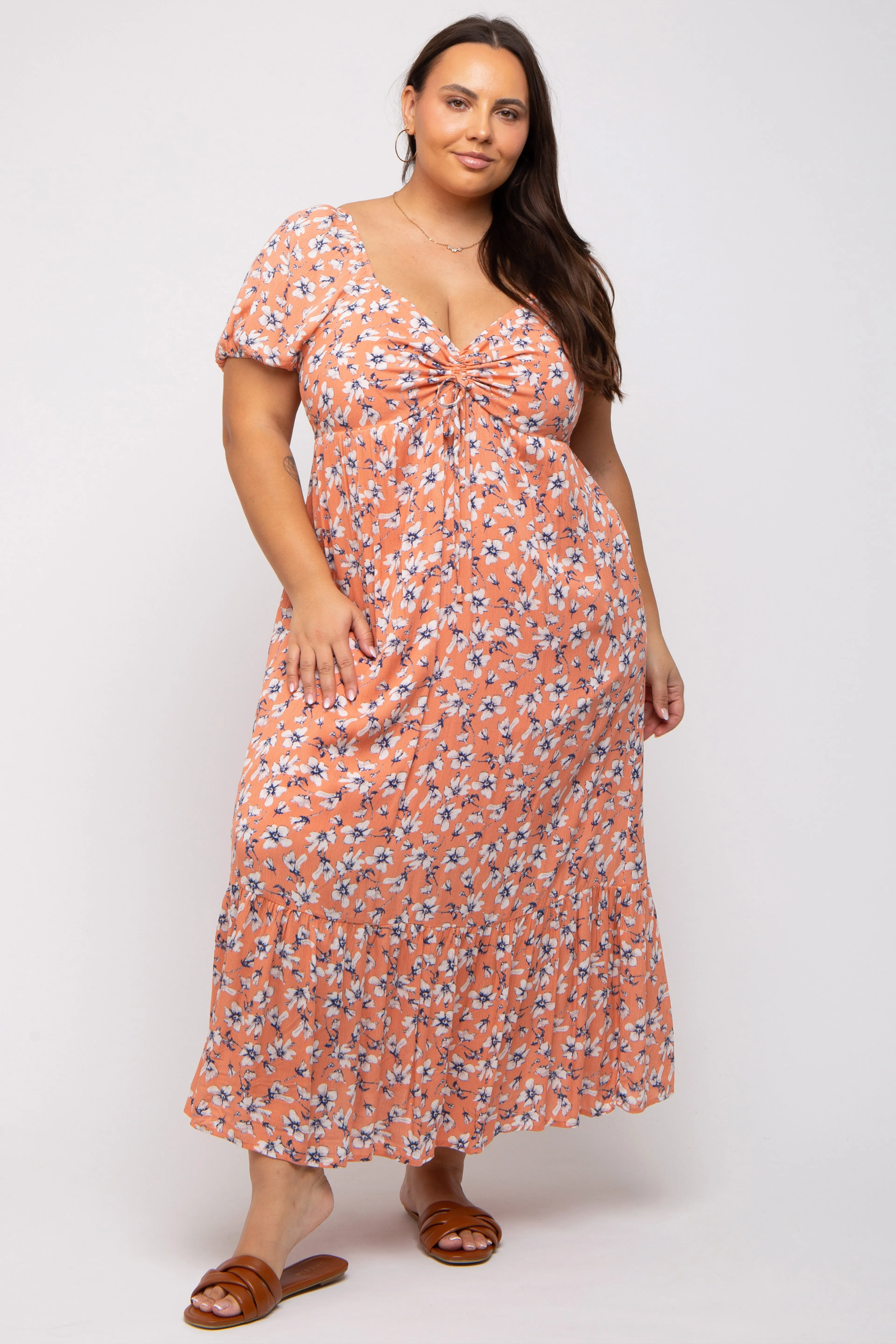 Peach Floral Sweetheart Drawstring Neck Short Sleeve Plus Midi Dress sold by Pinkblush