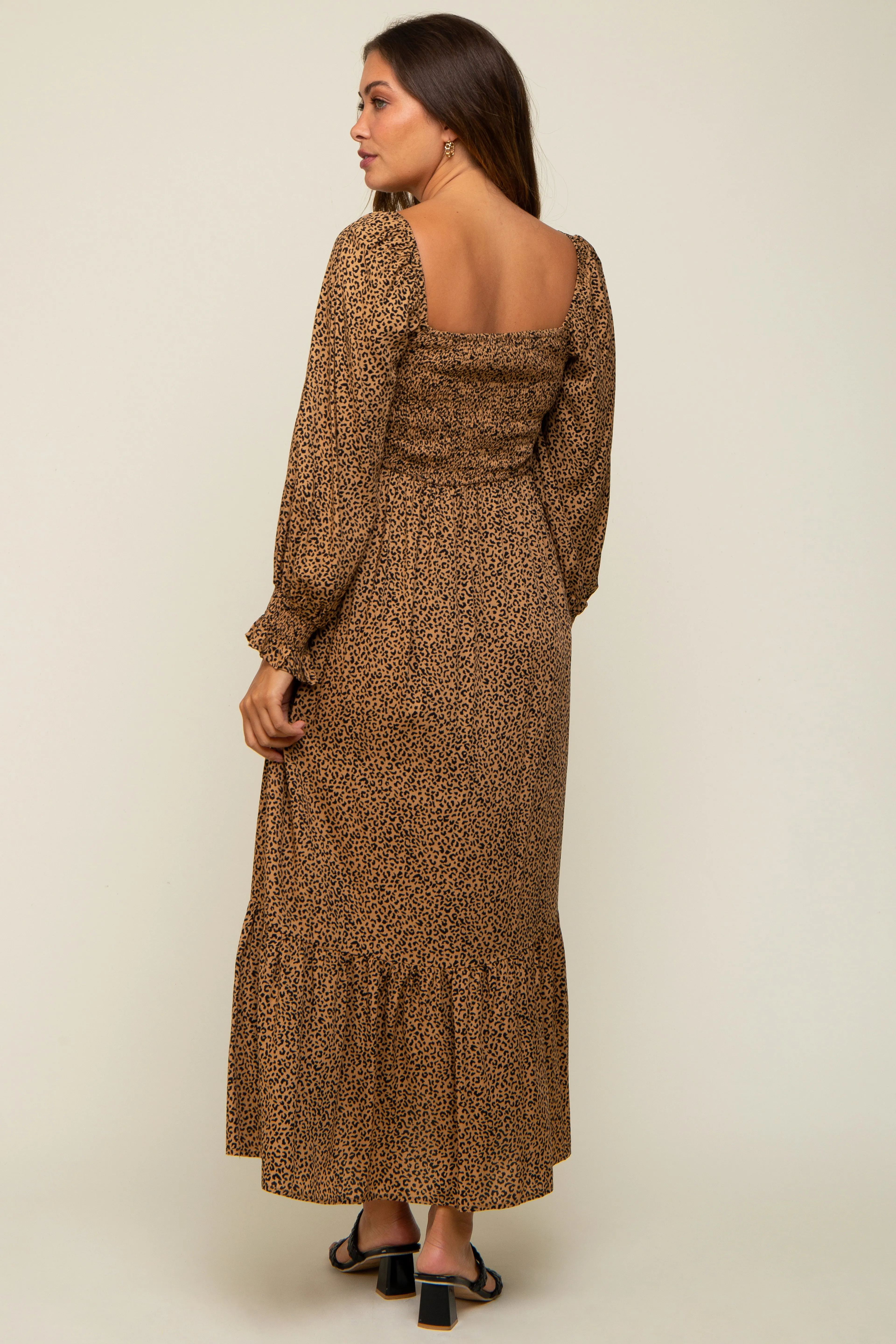 Camel Leopard Print Square Neck Smocked Maternity Midi Dress sold by Pinkblush product image thumbnail 3