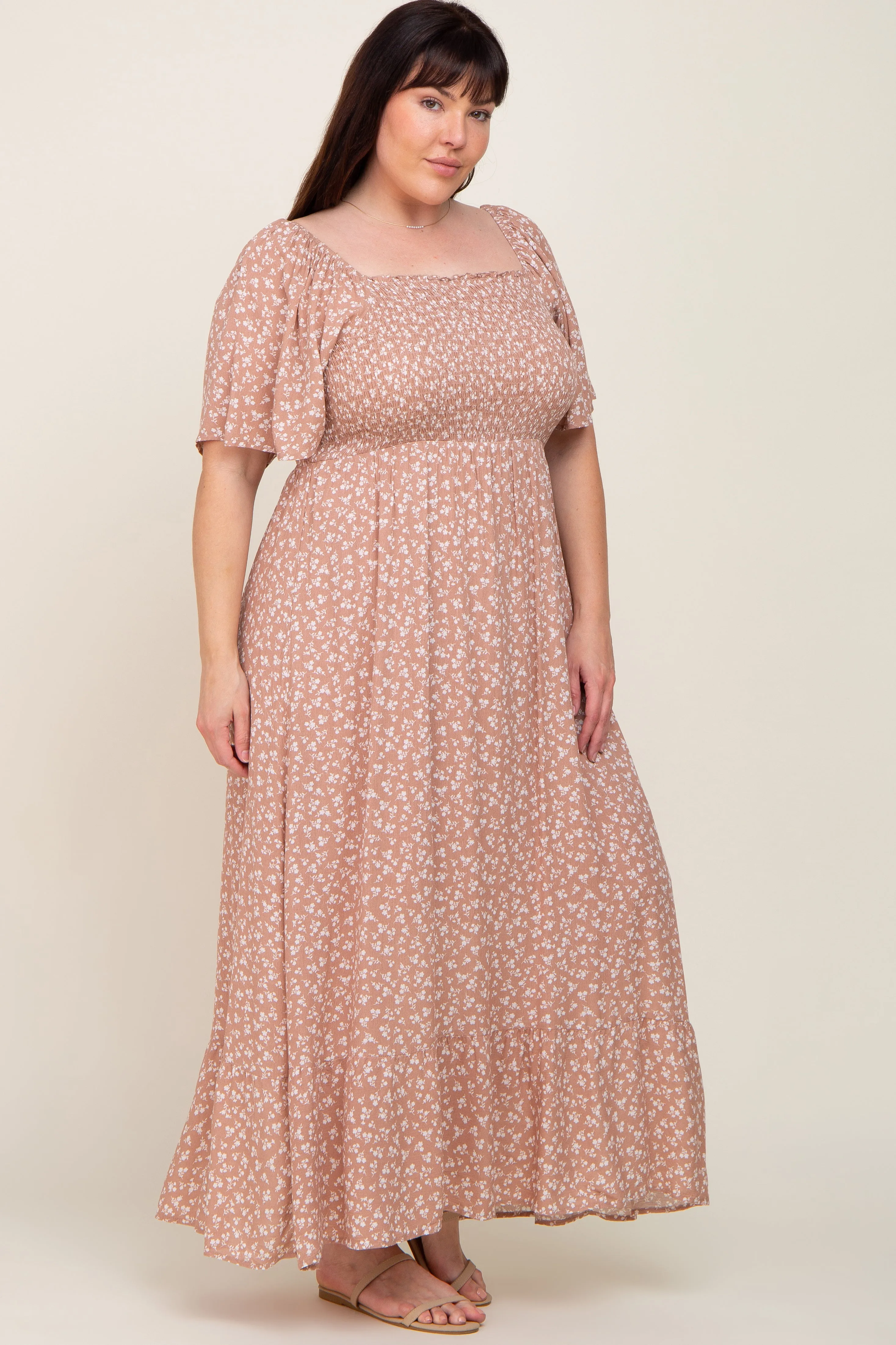 Taupe Floral Smocked Flounce Sleeve Plus Maxi Dress sold by Pinkblush product image thumbnail 2