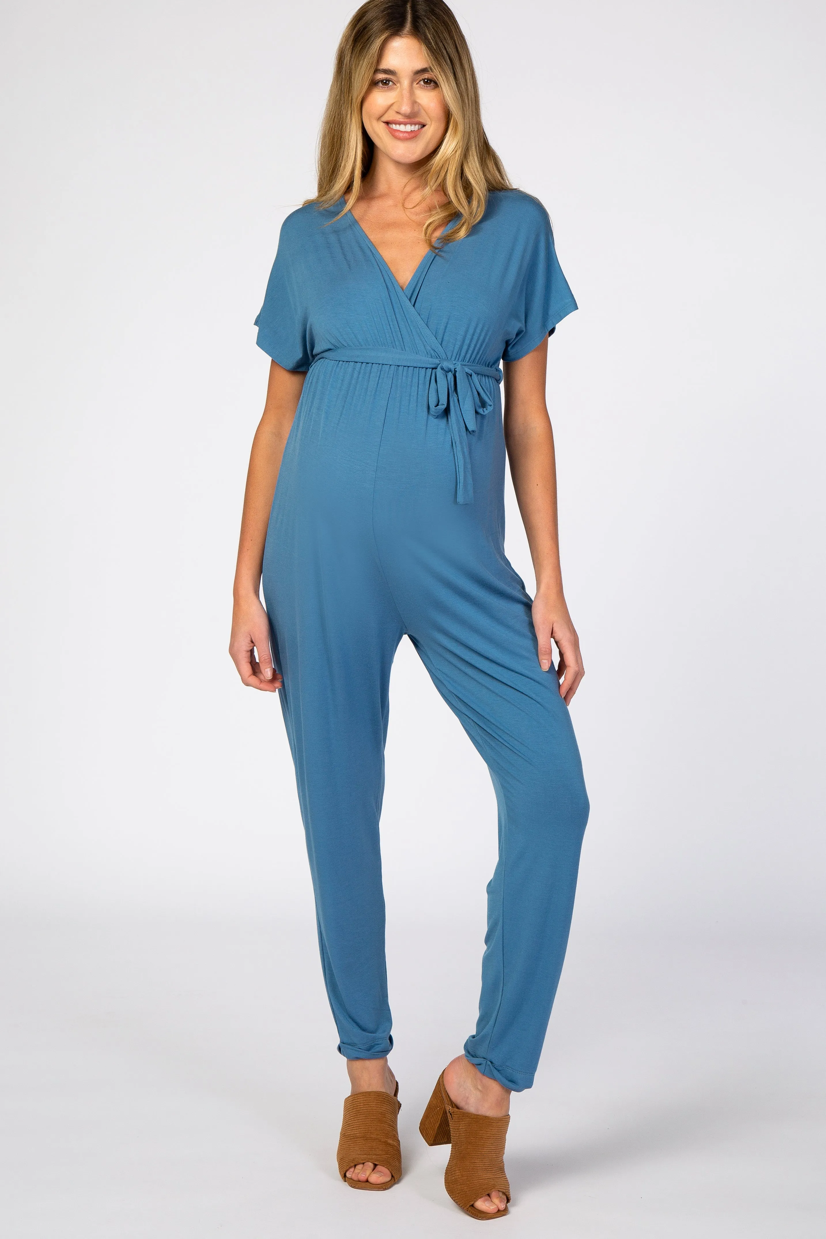 Blue Wrap Tie Maternity Jumpsuit sold by Pinkblush