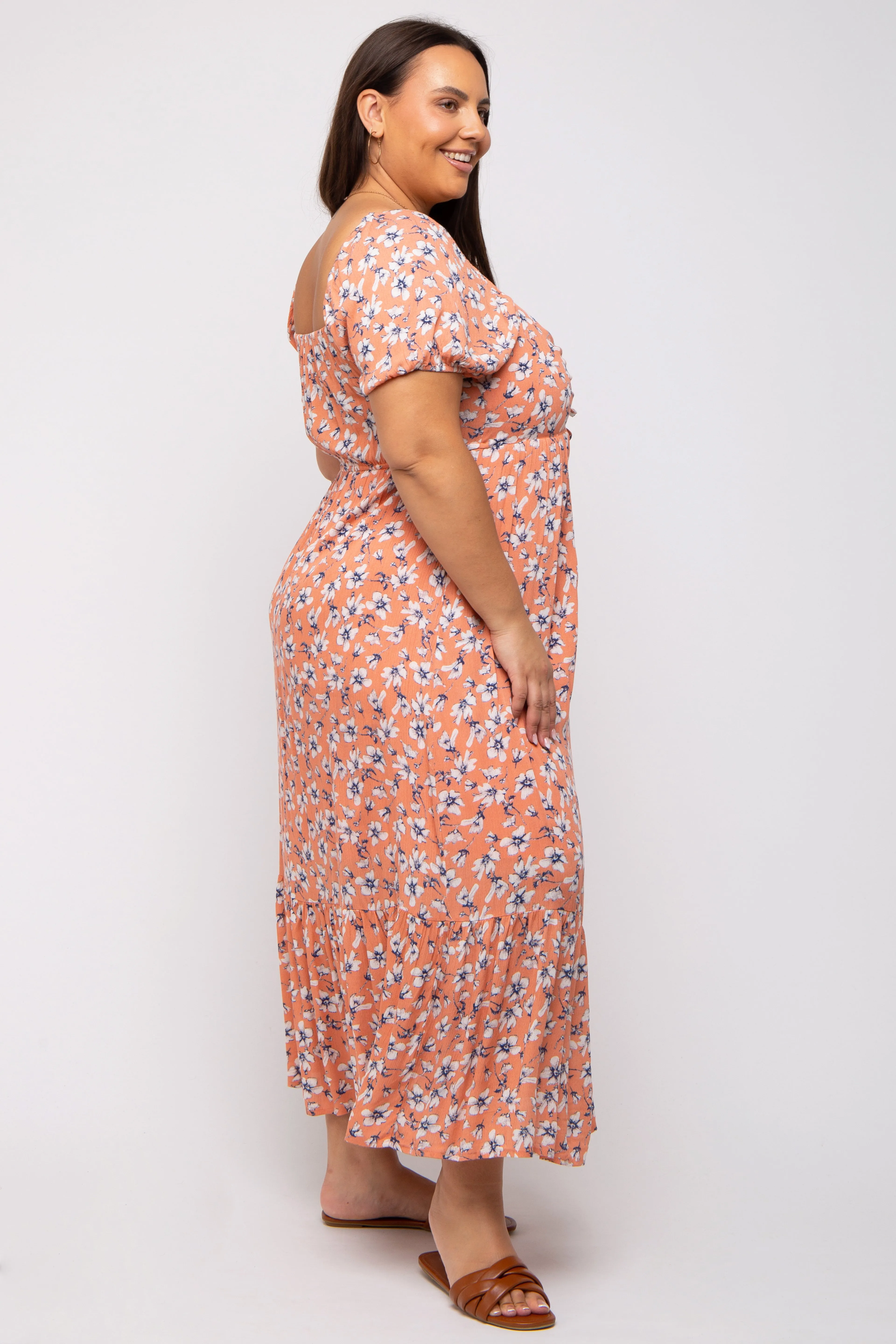 Peach Floral Sweetheart Drawstring Neck Short Sleeve Plus Midi Dress sold by Pinkblush product image thumbnail 2