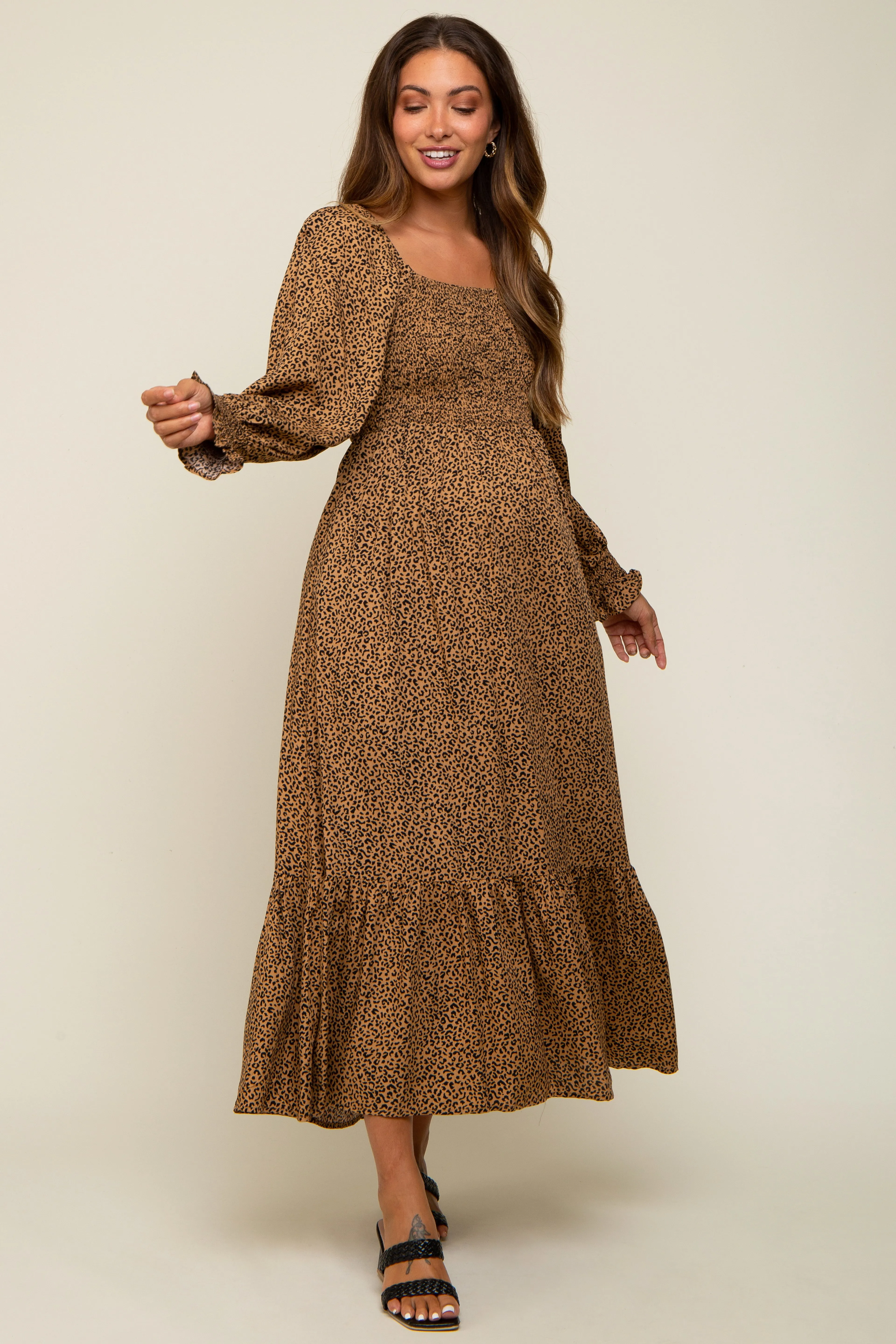 Camel Leopard Print Square Neck Smocked Maternity Midi Dress sold by Pinkblush product image thumbnail 4