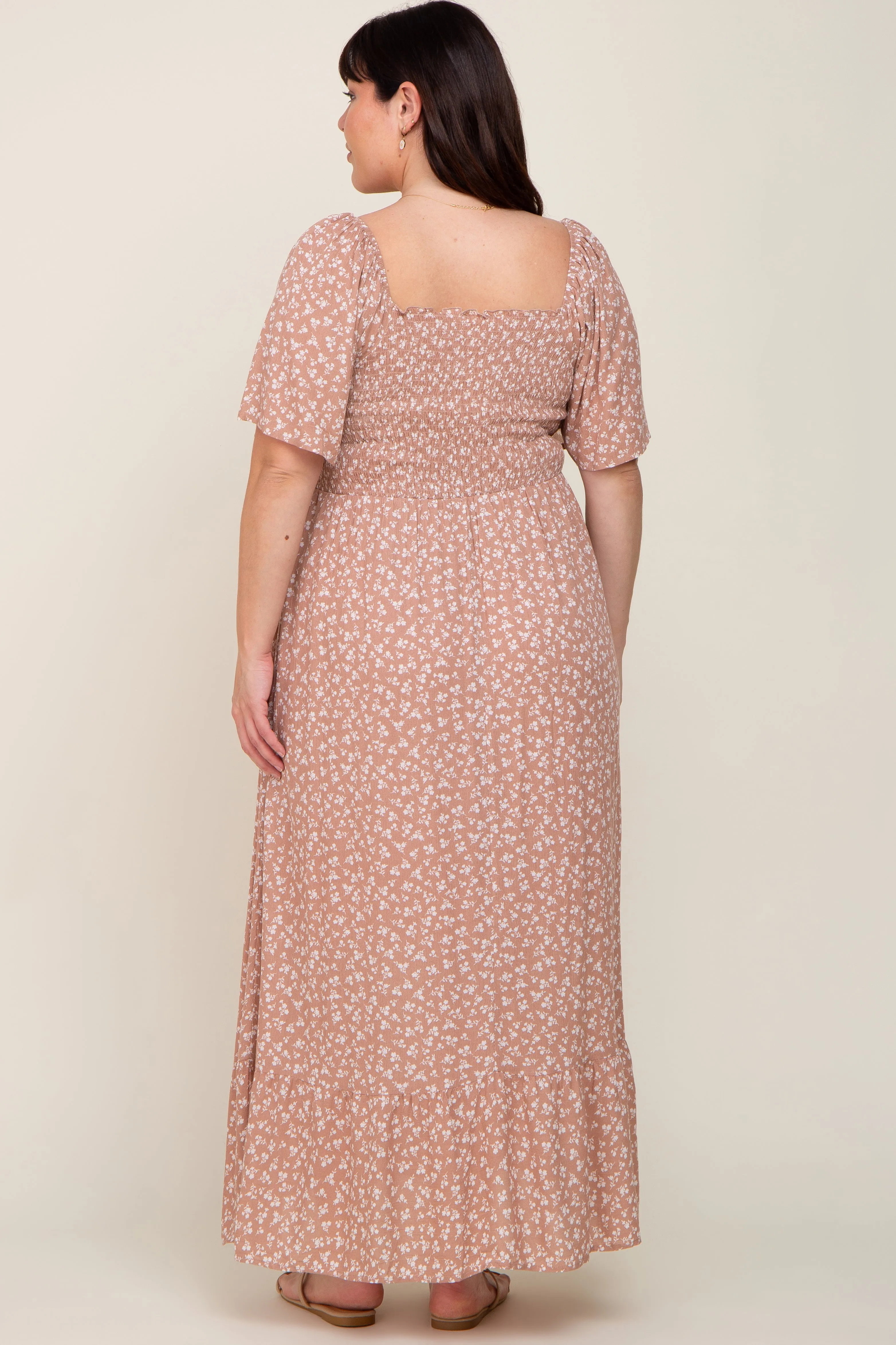 Taupe Floral Smocked Flounce Sleeve Plus Maxi Dress sold by Pinkblush product image thumbnail 3