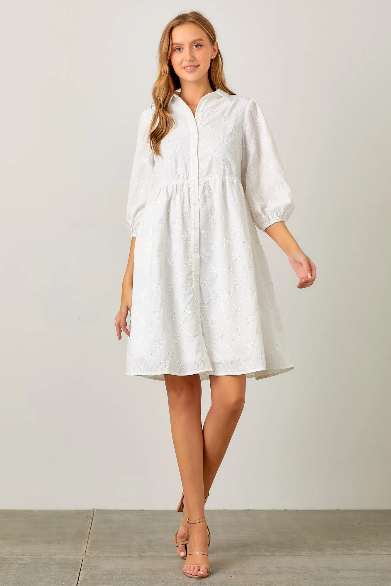 Ivory Floral Embroidered Collared Button Down Dress sold by Pinkblush product image thumbnail 3
