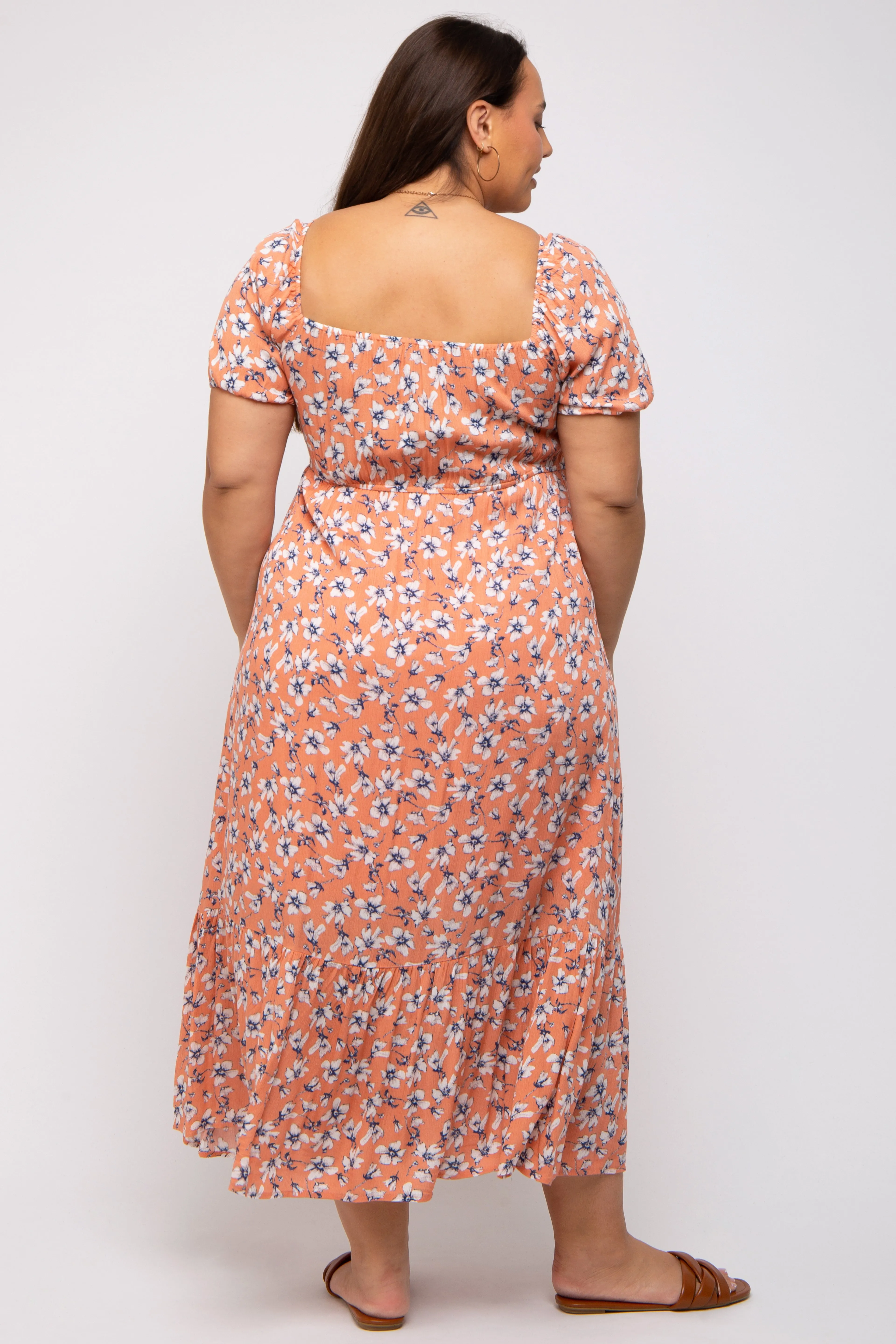 Peach Floral Sweetheart Drawstring Neck Short Sleeve Plus Midi Dress sold by Pinkblush product image thumbnail 3