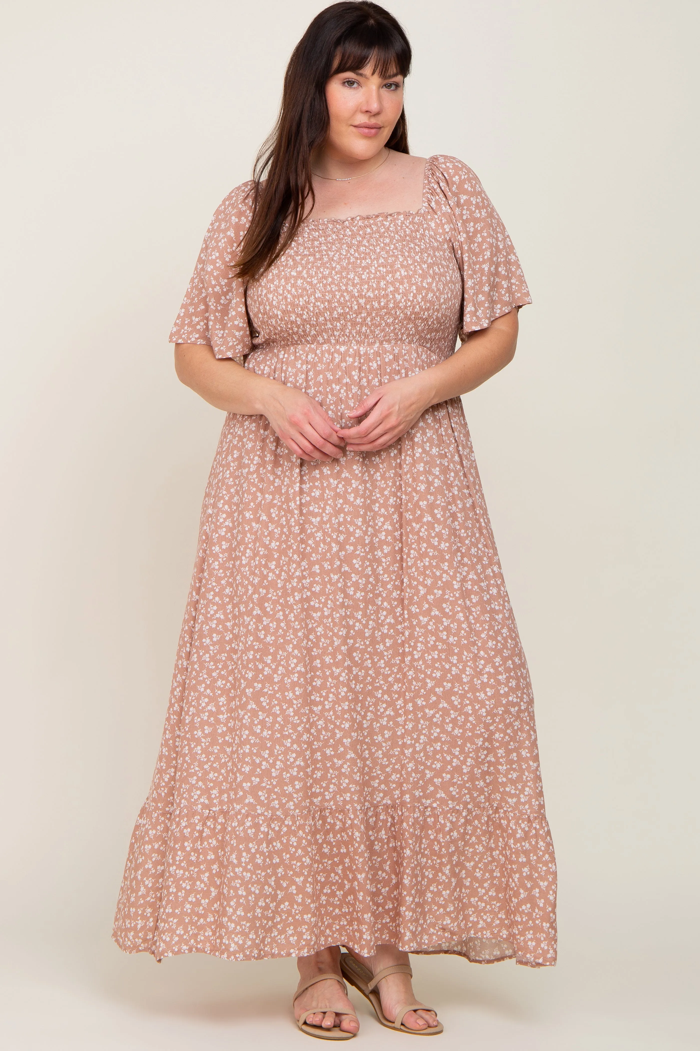 Taupe Floral Smocked Flounce Sleeve Plus Maxi Dress sold by Pinkblush product image thumbnail 4