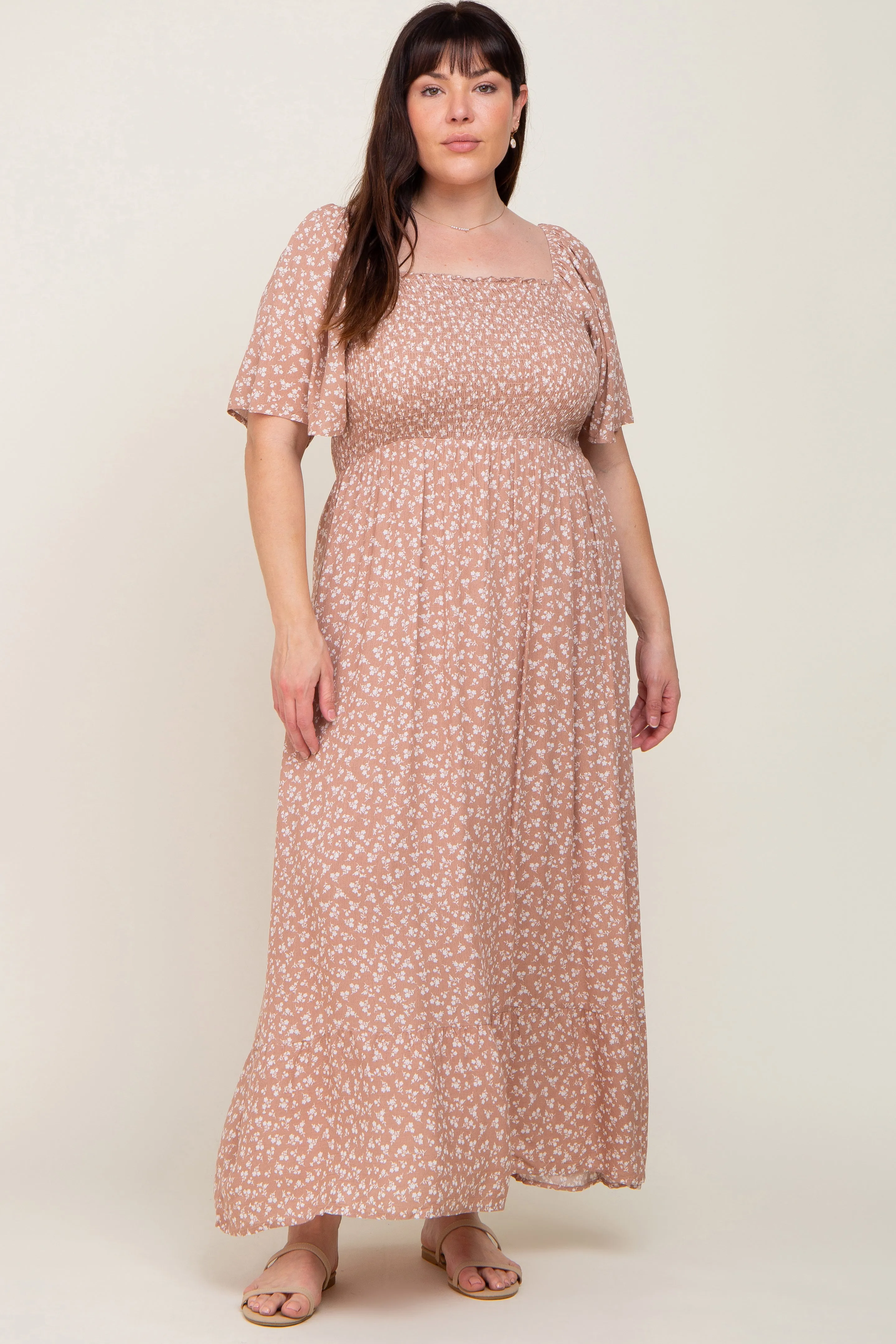 Taupe Floral Smocked Flounce Sleeve Plus Maxi Dress sold by Pinkblush