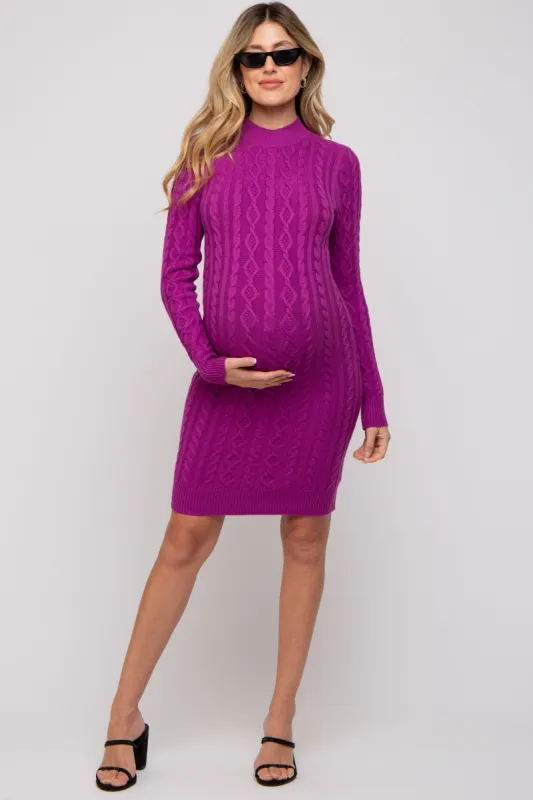 Magenta Cable Knit Mock Neck Long Sleeve Maternity Sweater Dress sold by Pinkblush