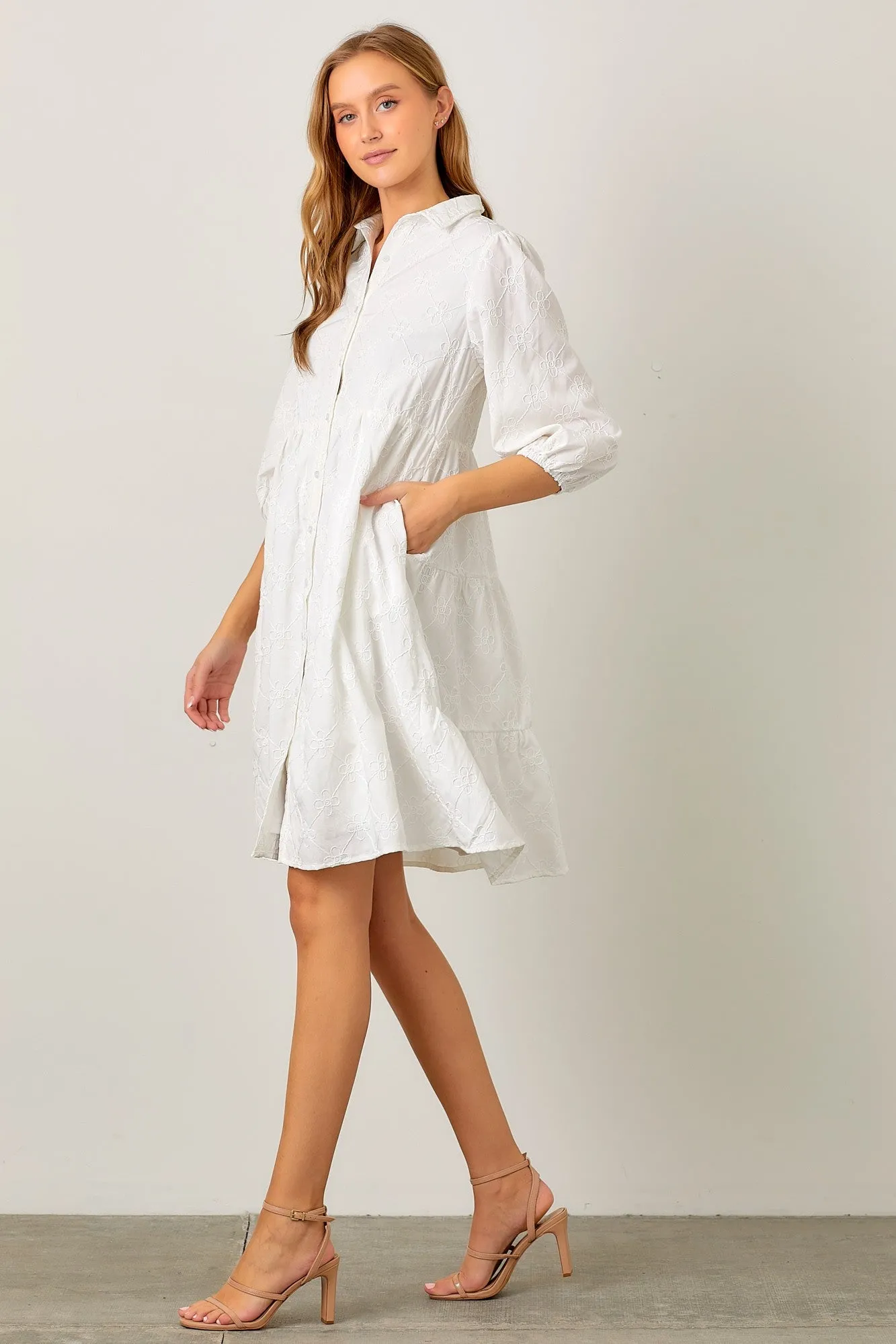 Ivory Floral Embroidered Collared Button Down Dress sold by Pinkblush product image thumbnail 4