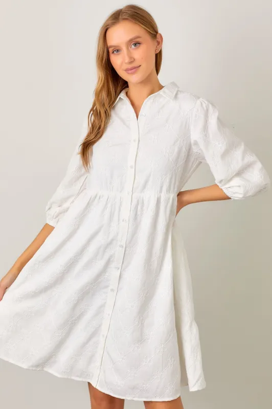 Ivory Floral Embroidered Collared Button Down Dress sold by Pinkblush