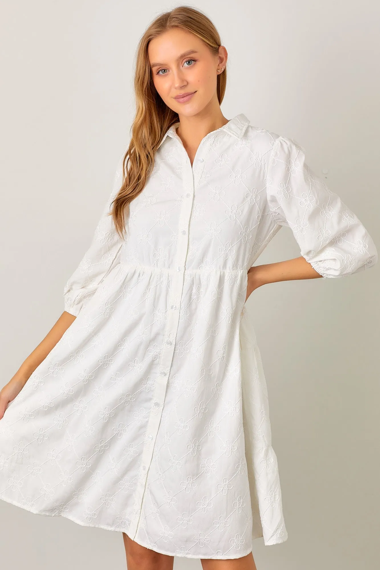 Ivory Floral Embroidered Collared Button Down Dress sold by Pinkblush