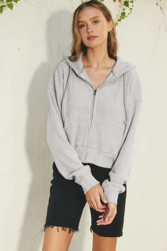 Heather Grey Ribbed Knit Full-Zip Hoodie sold by Pinkblush