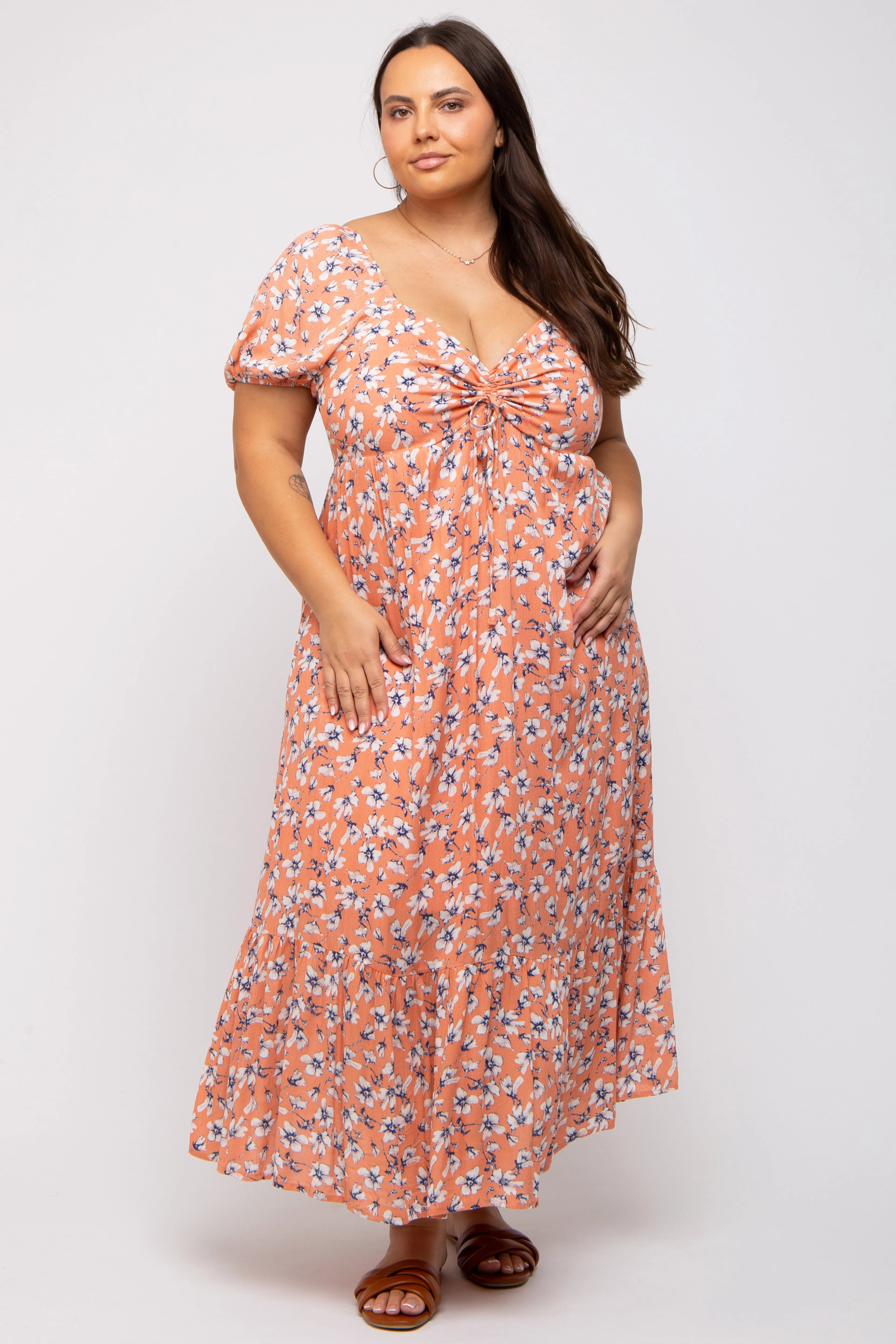 Peach Floral Sweetheart Drawstring Neck Short Sleeve Plus Midi Dress sold by Pinkblush product image thumbnail 4