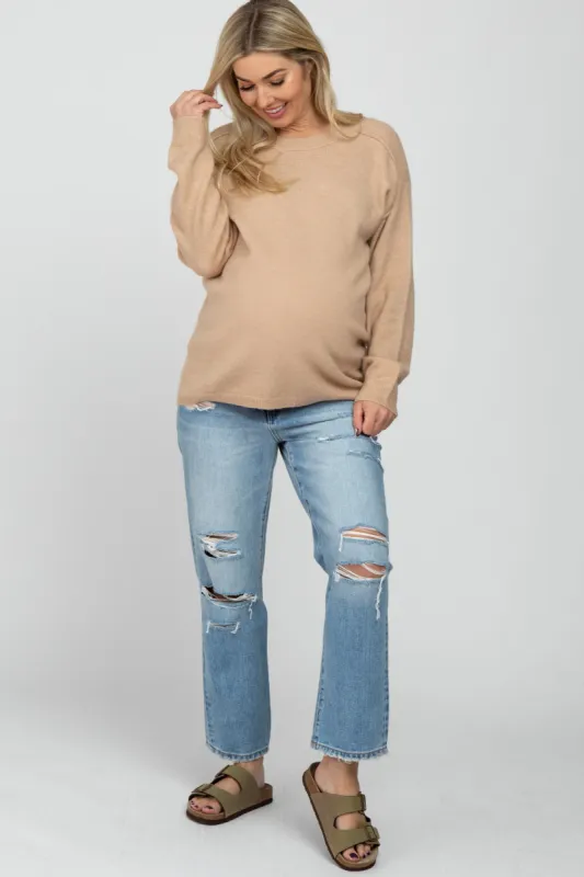 Light Blue Distressed Maternity Cropped Straight Leg Jeans sold by Pinkblush