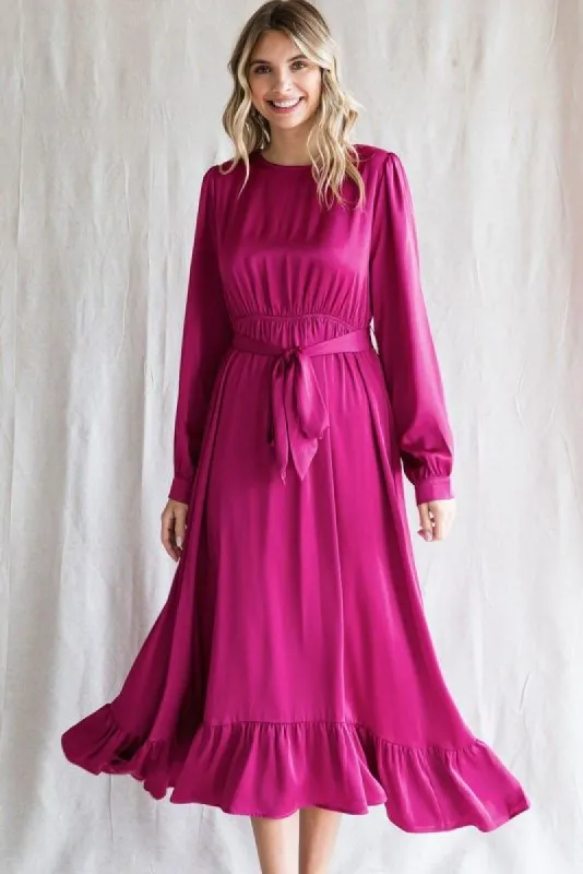 Magenta Satin Belted Waist Midi Dress sold by Pinkblush