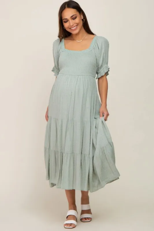 Mint Swiss Dot Puff Sleeve Smocked Maternity Midi Dress sold by Pinkblush