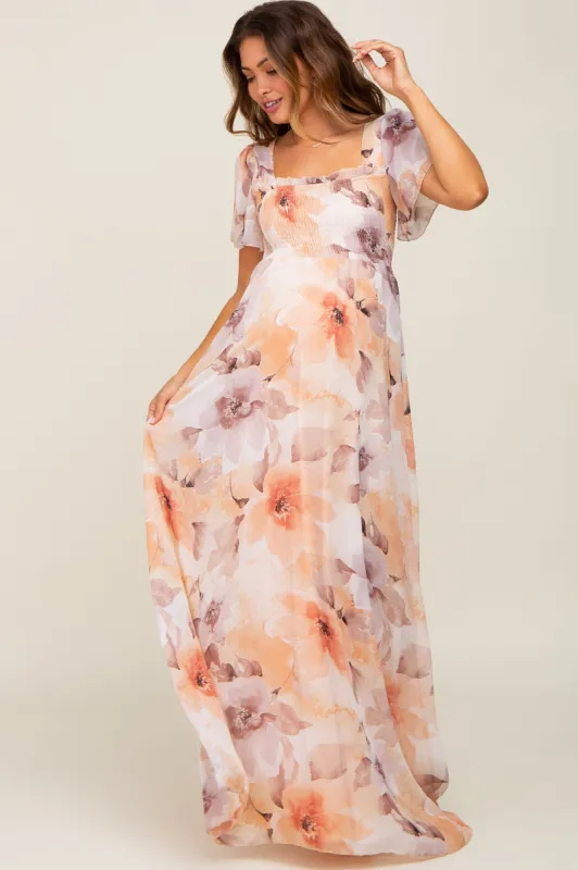 Peach Floral Chiffon Smocked Short Sleeve Maternity Maxi Dress sold by Pinkblush