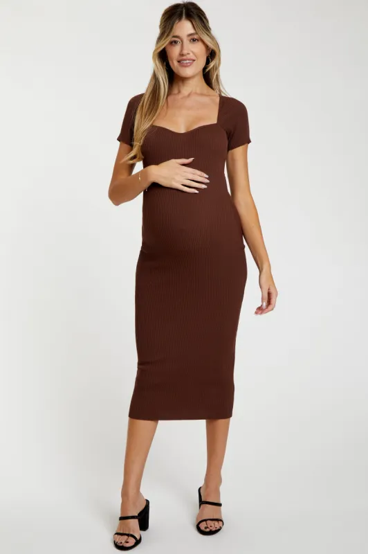 Brown Ribbed Maternity Midi Dress sold by Pinkblush