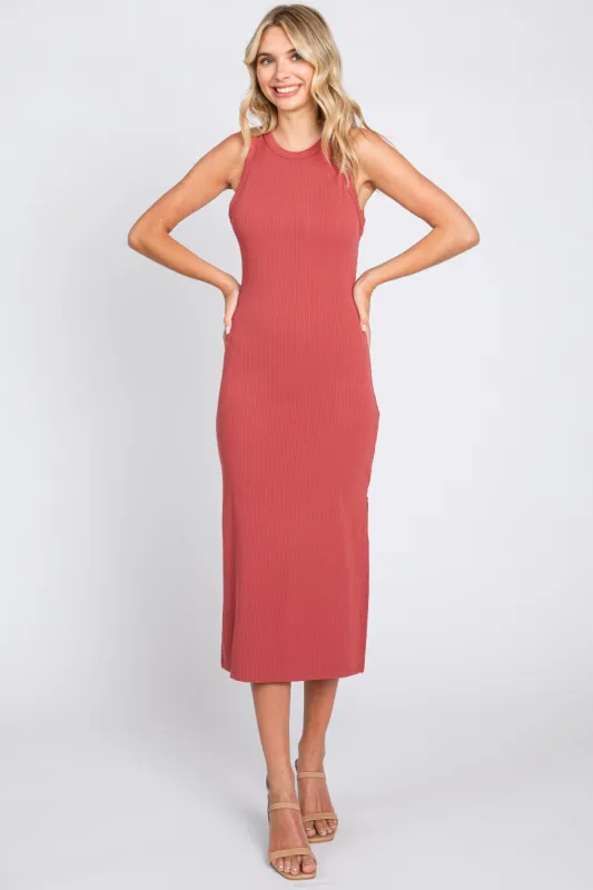 Burgundy Sleeveless Ribbed Midi Dress sold by Pinkblush