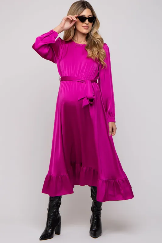 Magenta Satin Belted Waist Maternity Midi Dress sold by Pinkblush