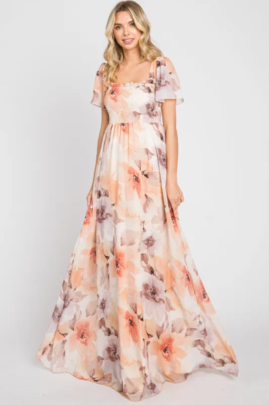 Peach Floral Chiffon Smocked Short Sleeve Maxi Dress sold by Pinkblush
