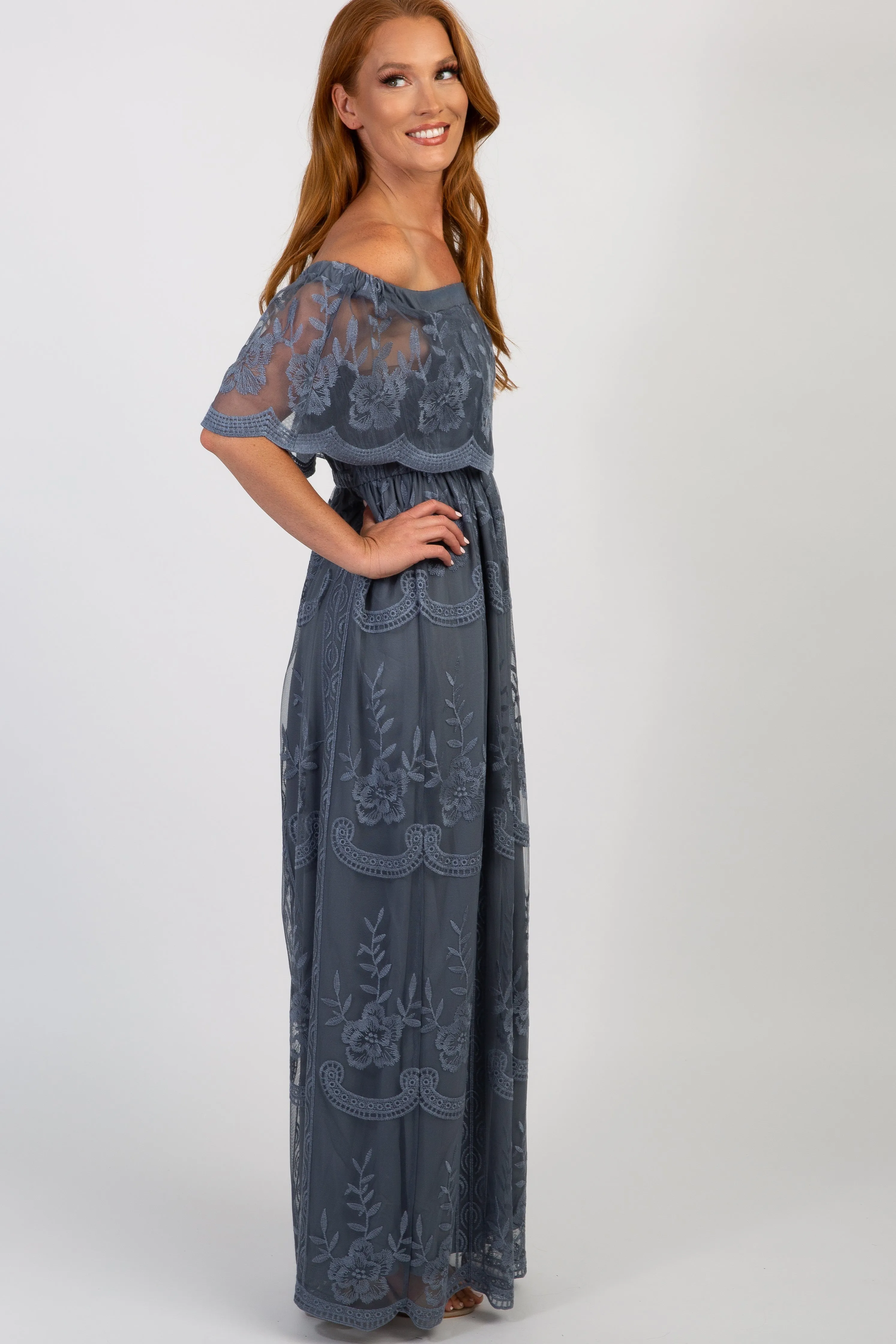 Blue Lace Mesh Overlay Off Shoulder Maxi Dress sold by Pinkblush product image thumbnail 2