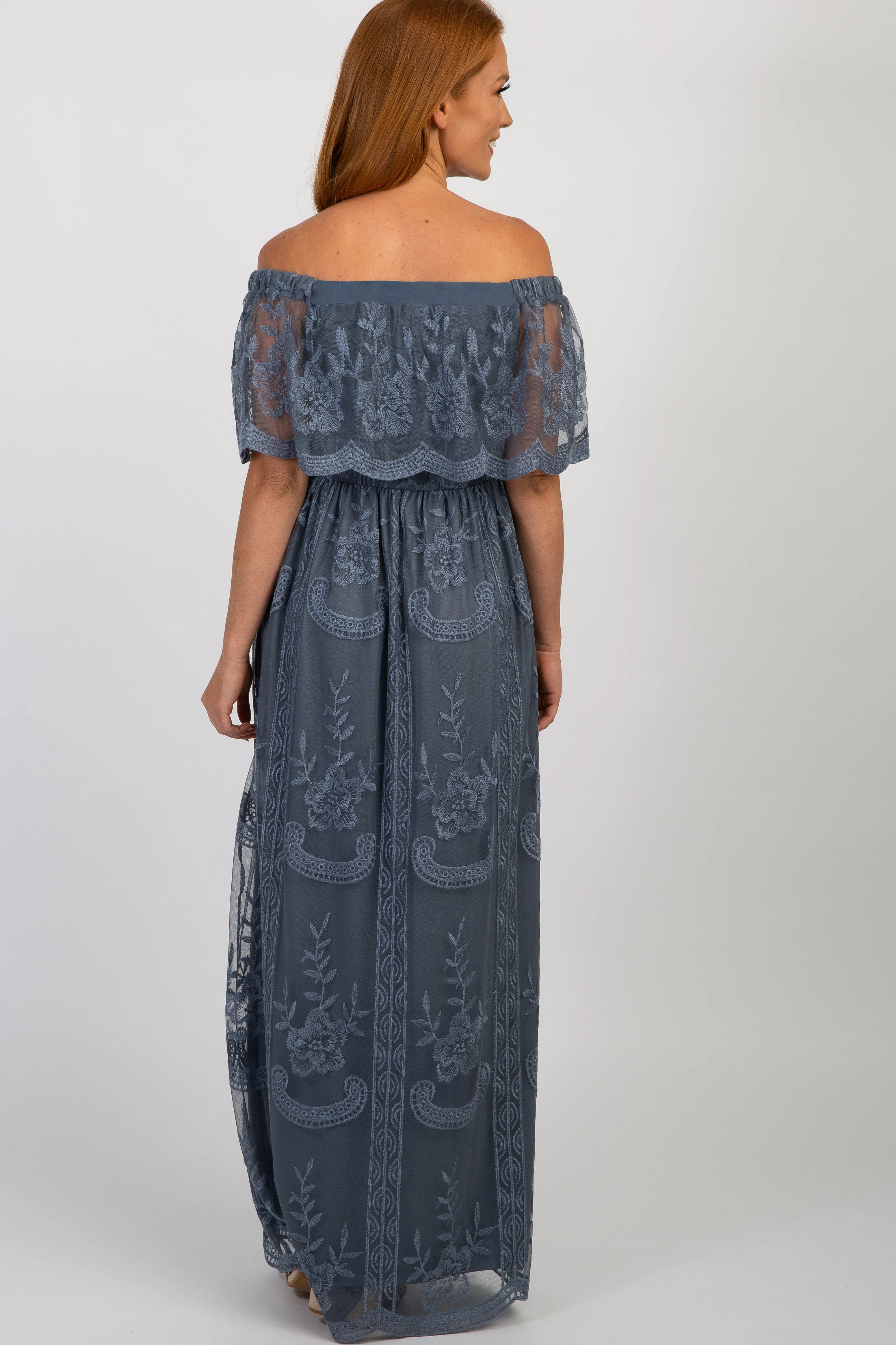 Blue Lace Mesh Overlay Off Shoulder Maxi Dress sold by Pinkblush product image thumbnail 3