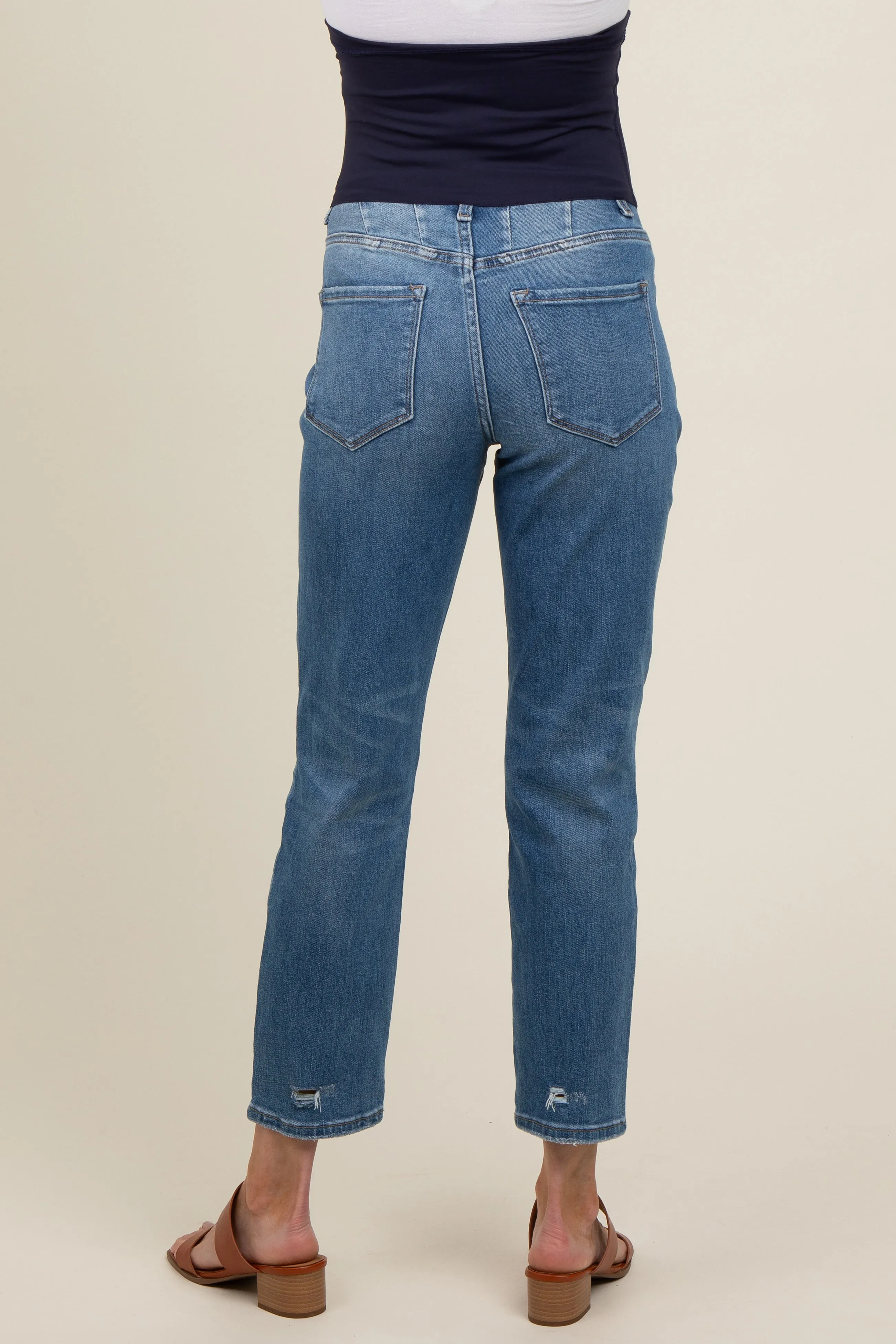 Blue Distressed Open Knee Cropped Straight Leg Maternity Jeans sold by Pinkblush product image thumbnail 5