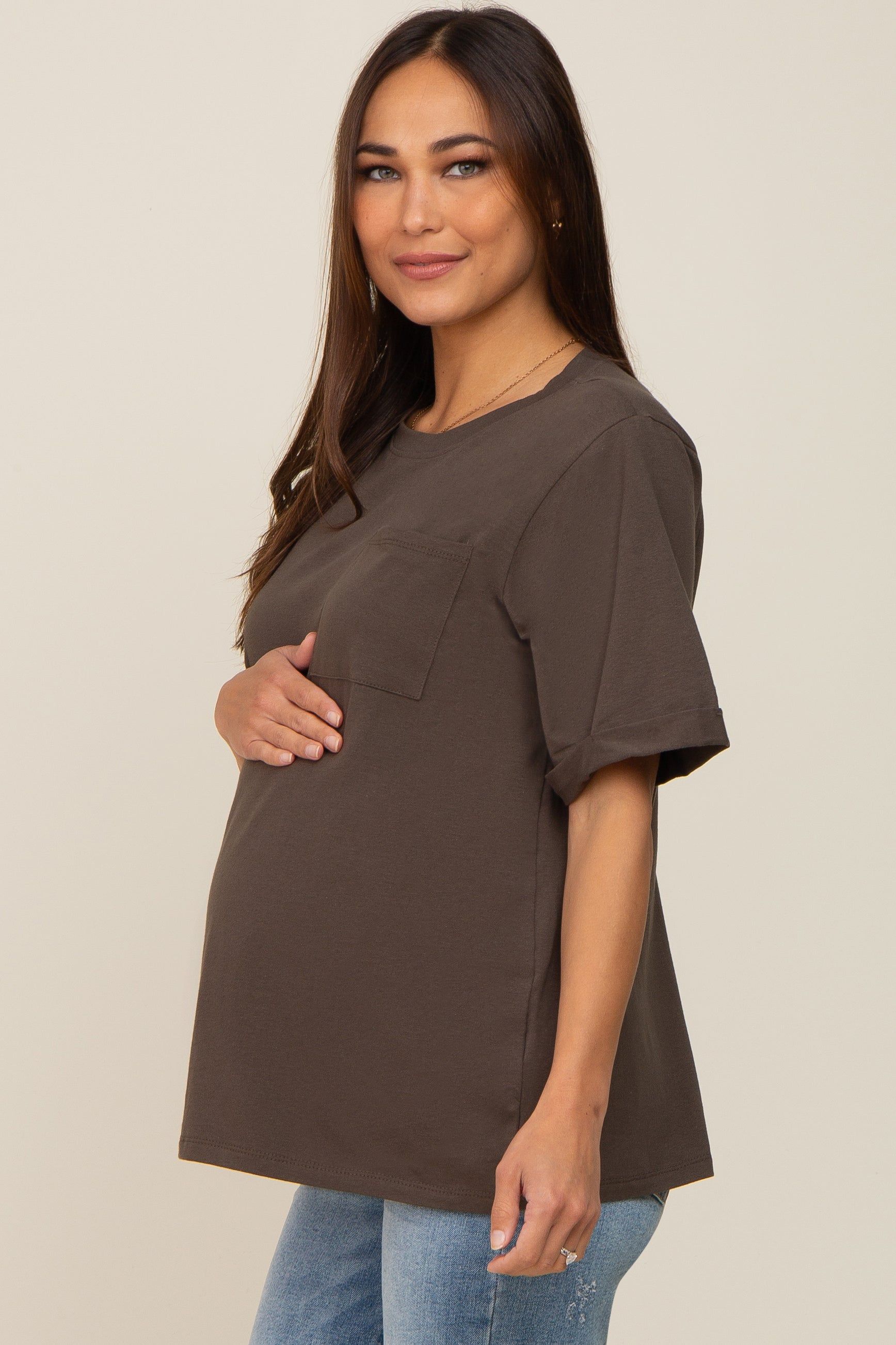 Olive Oversized Pocket Front Short Sleeve Maternity Top sold by Pinkblush product image thumbnail 2
