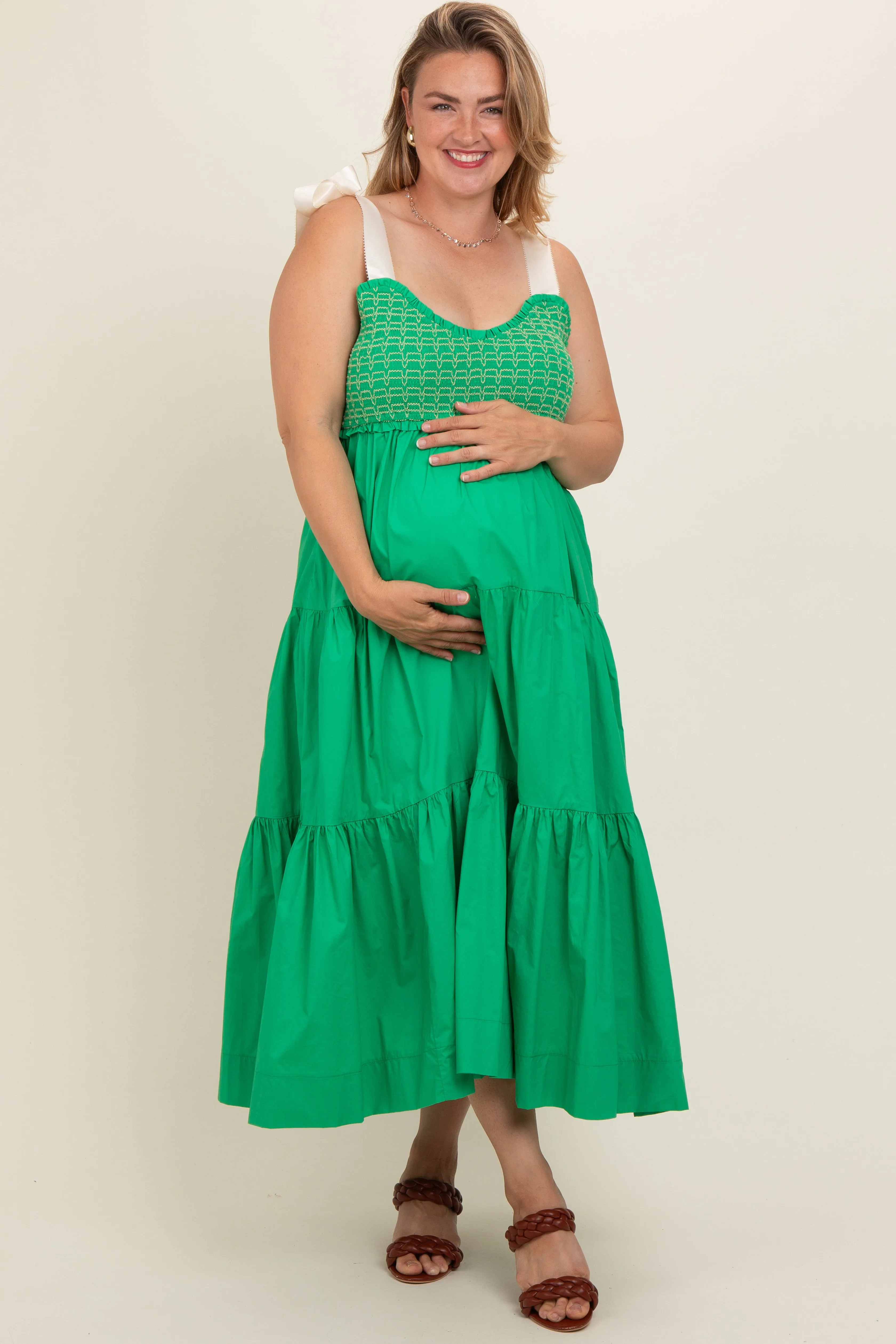 Green Ribbon Strap Tiered Plus Maternity Maxi Dress sold by Pinkblush product image thumbnail 2