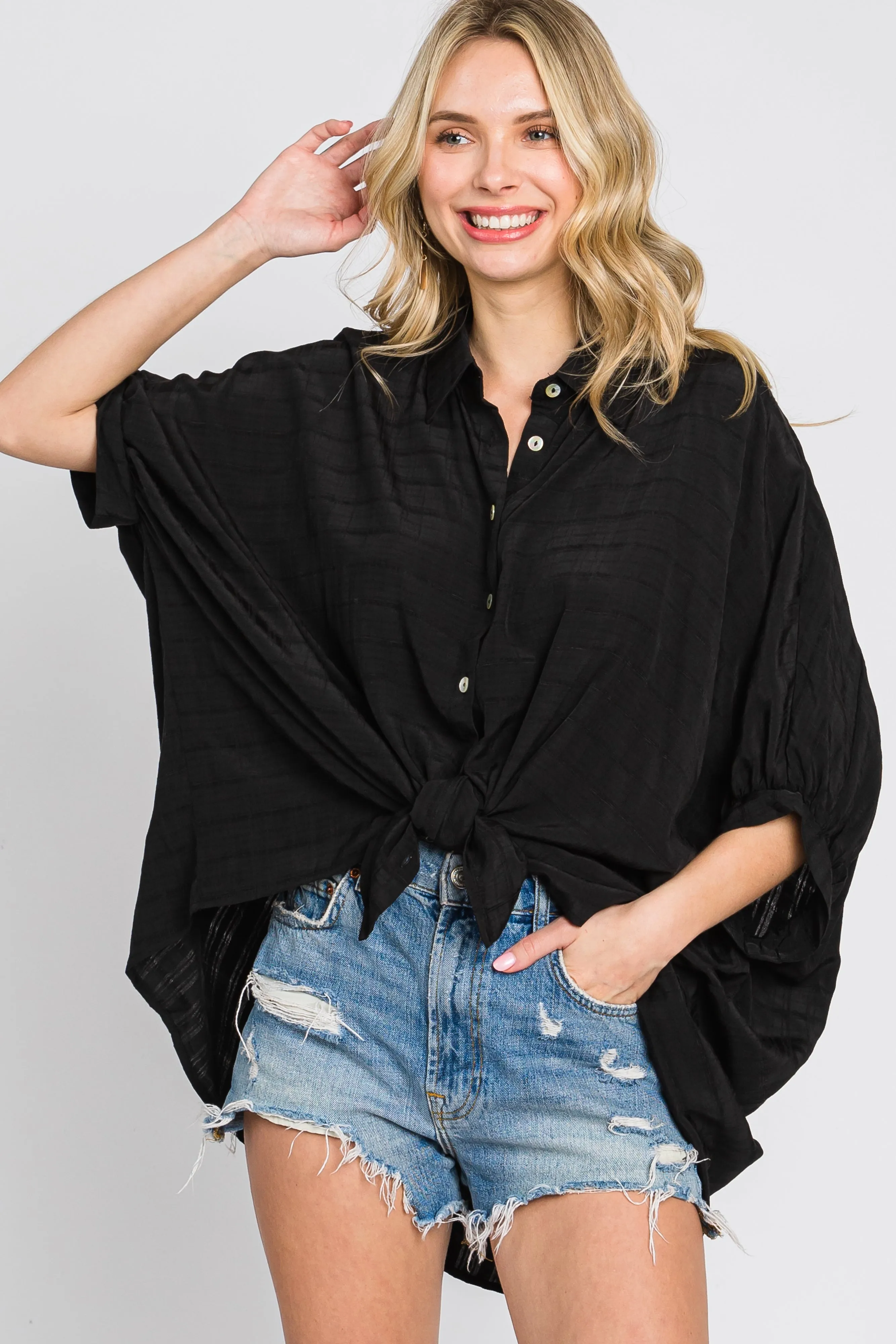 Black Button Down 3/4 Sleeve Top sold by Pinkblush