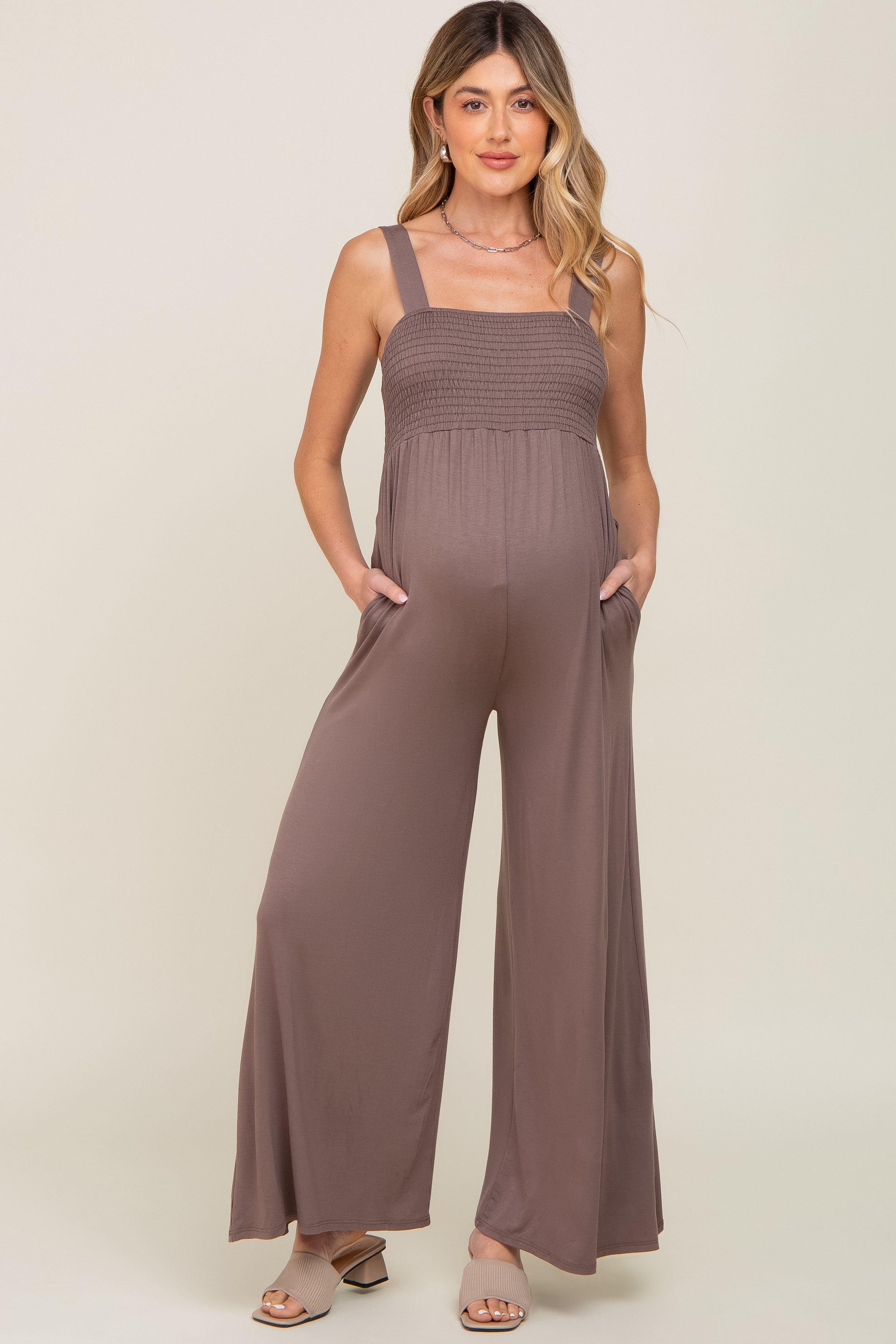Brown Sleeveless Wide Leg Maternity Jumpsuit sold by Pinkblush product image thumbnail 4