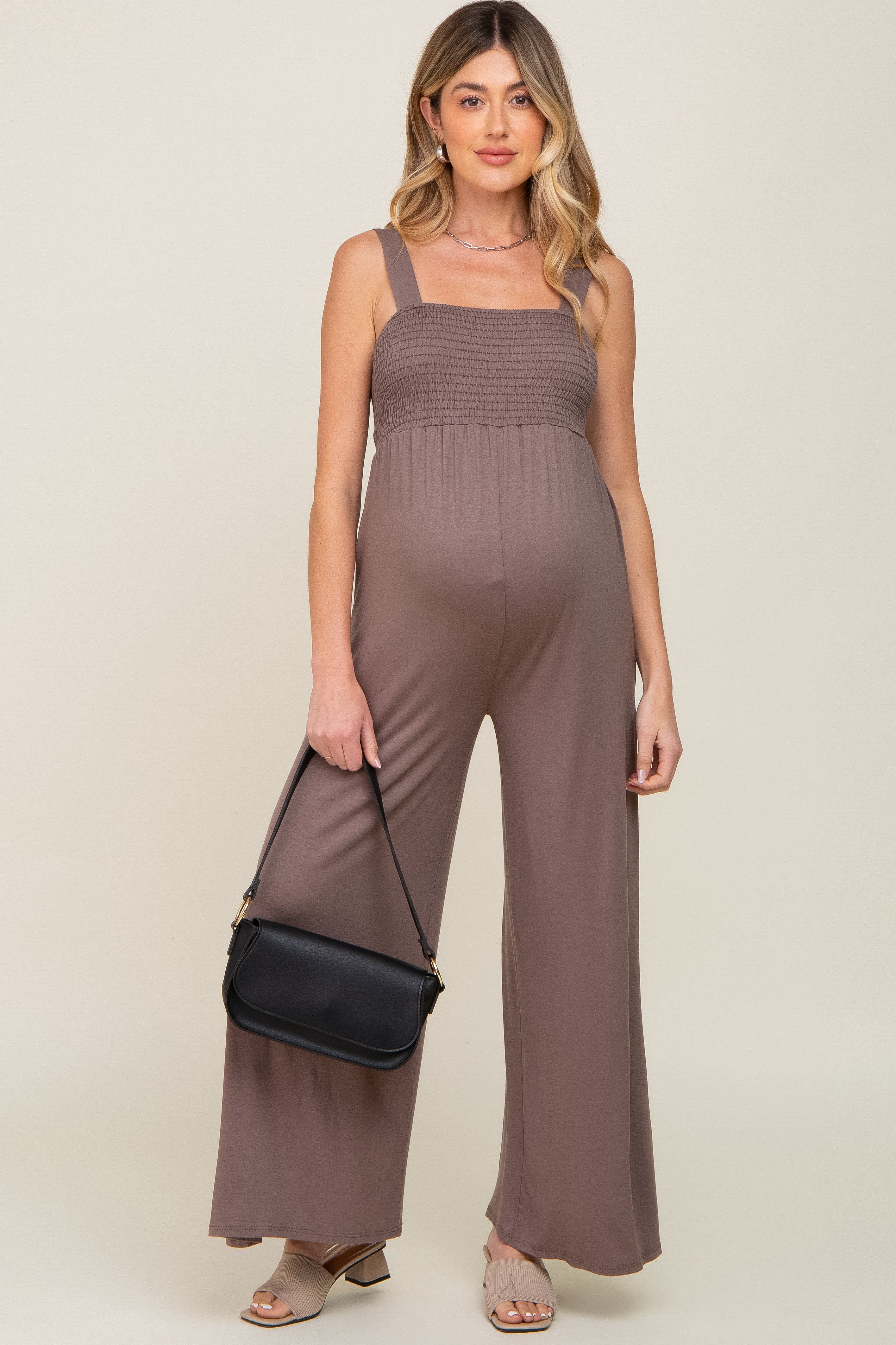 Brown Sleeveless Wide Leg Maternity Jumpsuit sold by Pinkblush