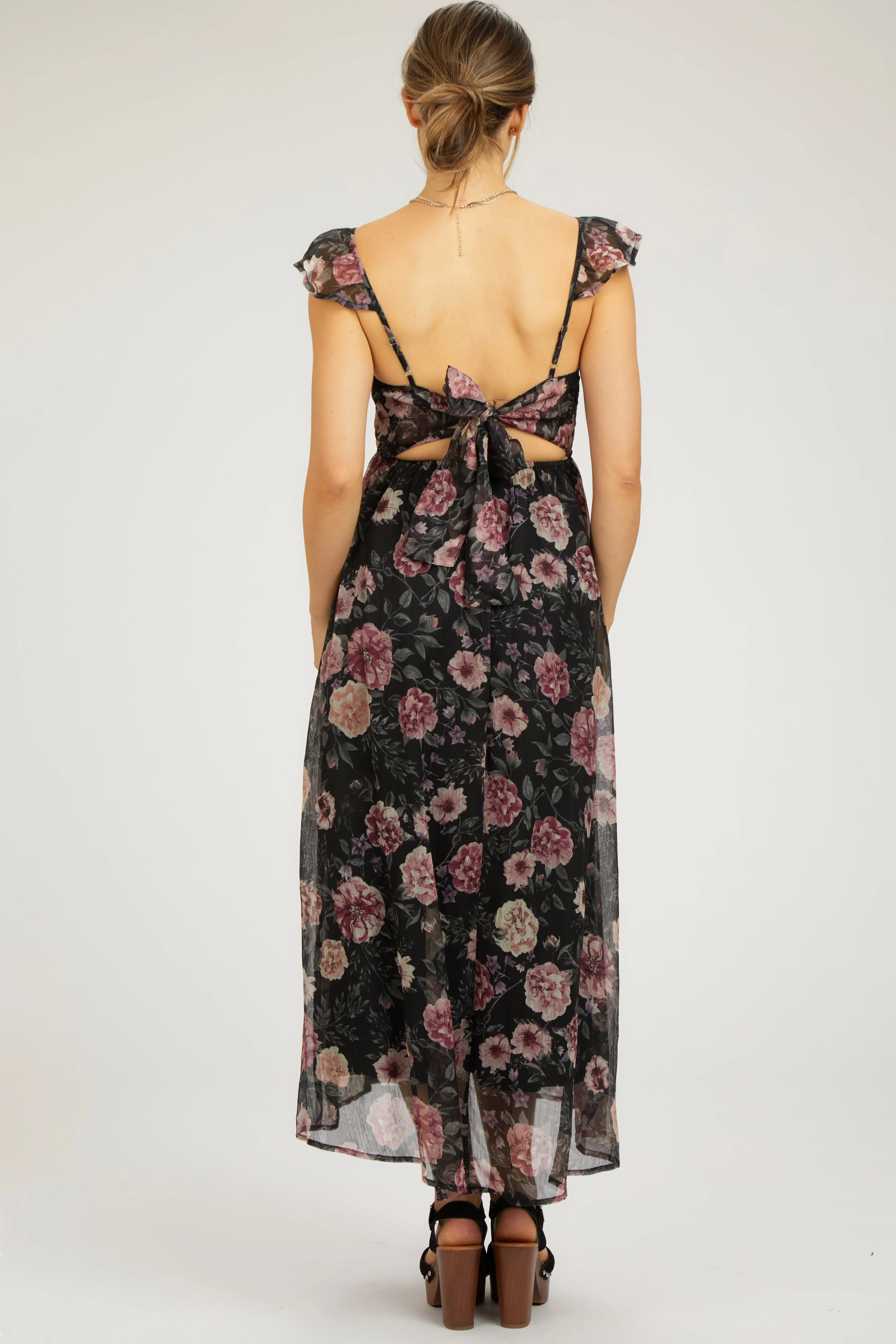 Black Floral Chiffon Back Tie Maternity Maxi Dress sold by Pinkblush product image thumbnail 4