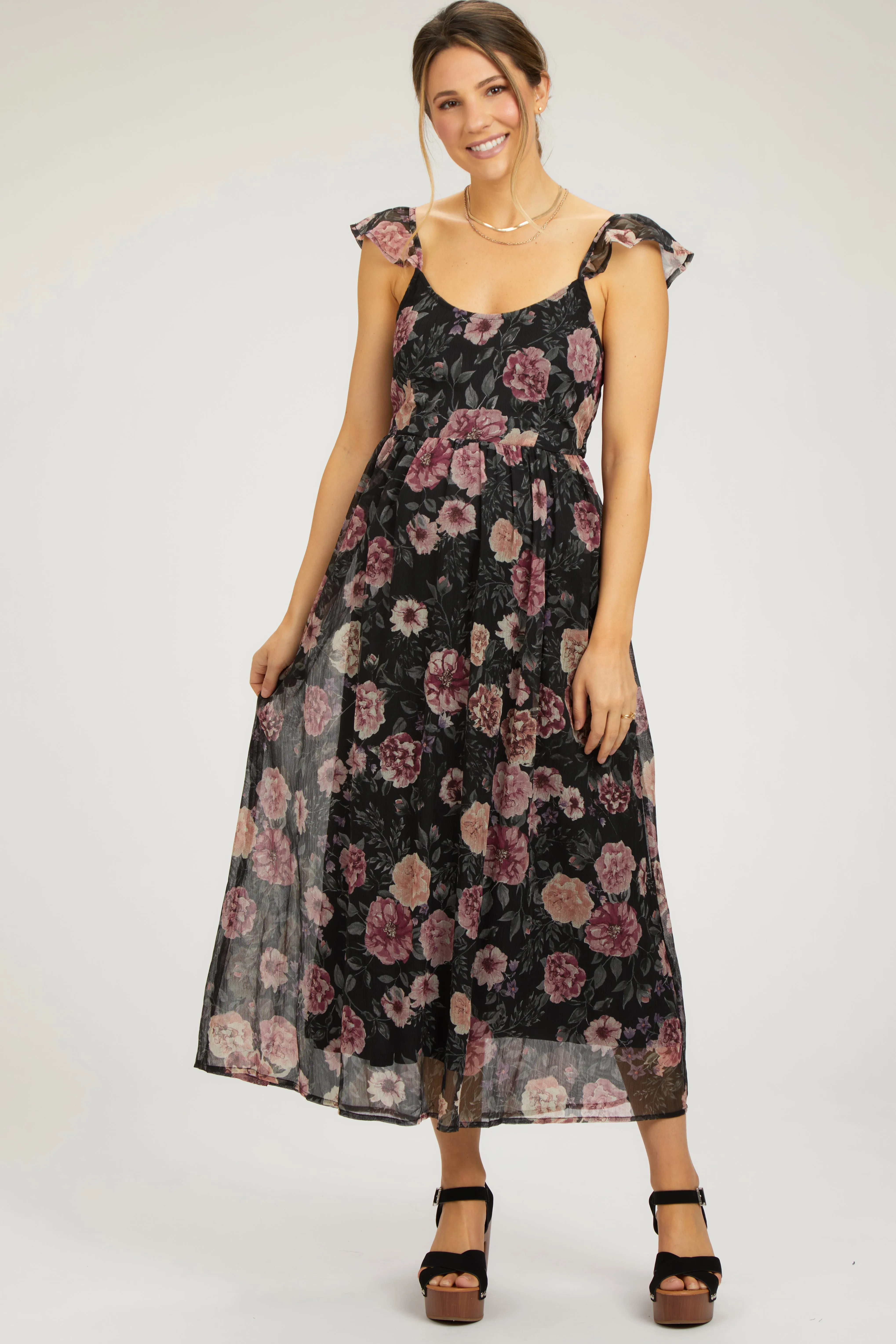 Black Floral Chiffon Back Tie Maternity Maxi Dress sold by Pinkblush