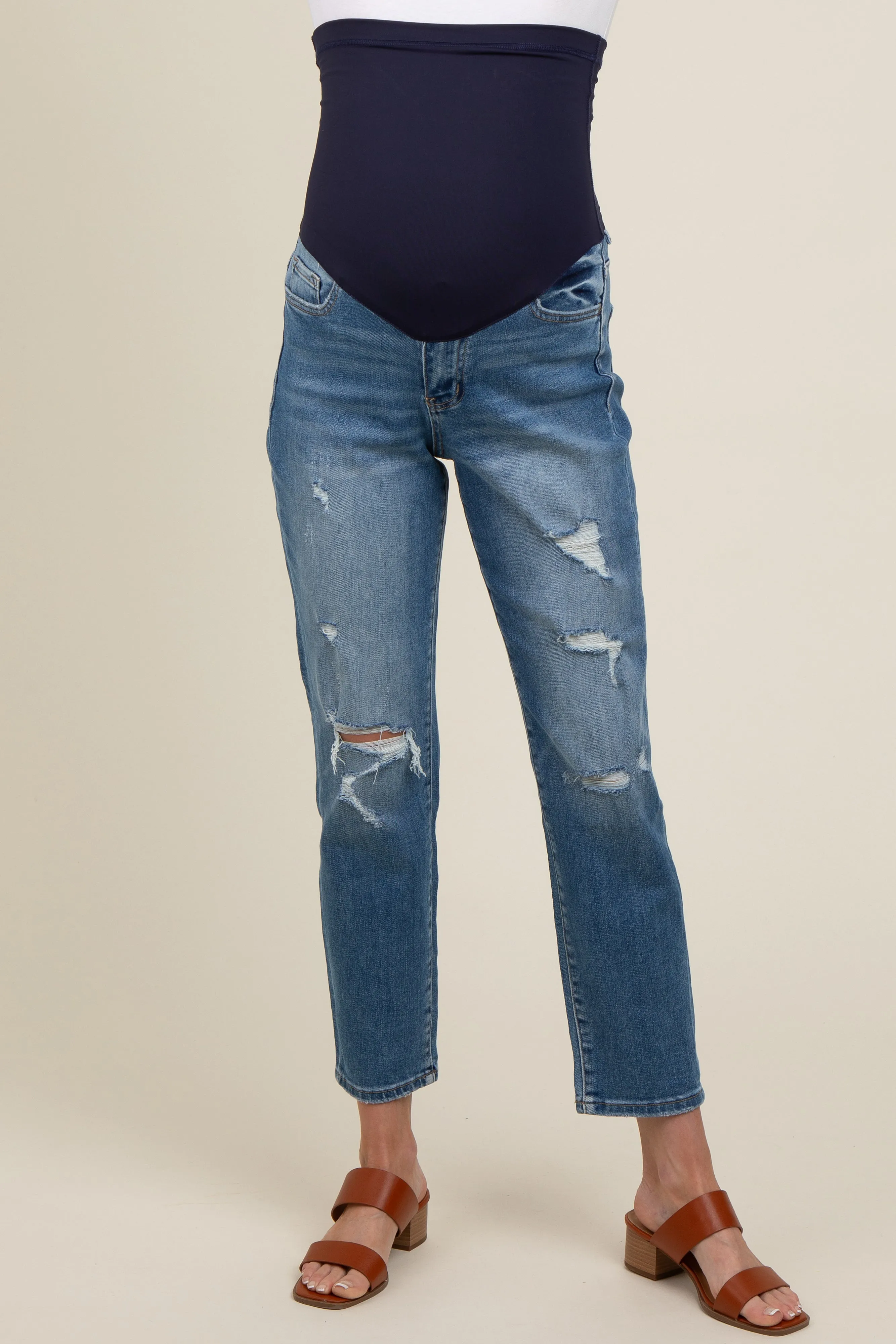 Blue Distressed Open Knee Cropped Straight Leg Maternity Jeans sold by Pinkblush product image thumbnail 3