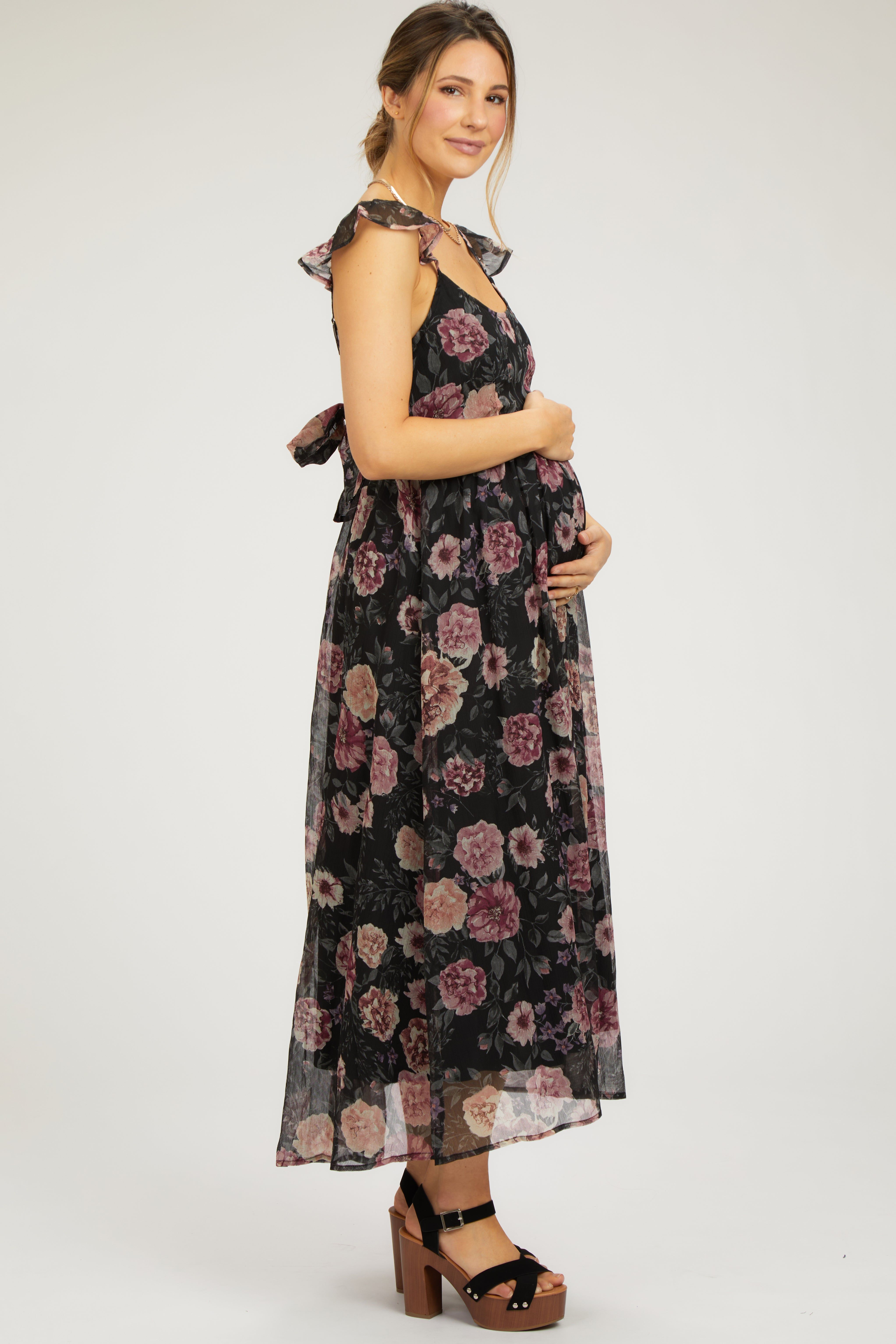 Black Floral Chiffon Back Tie Maternity Maxi Dress sold by Pinkblush product image thumbnail 3