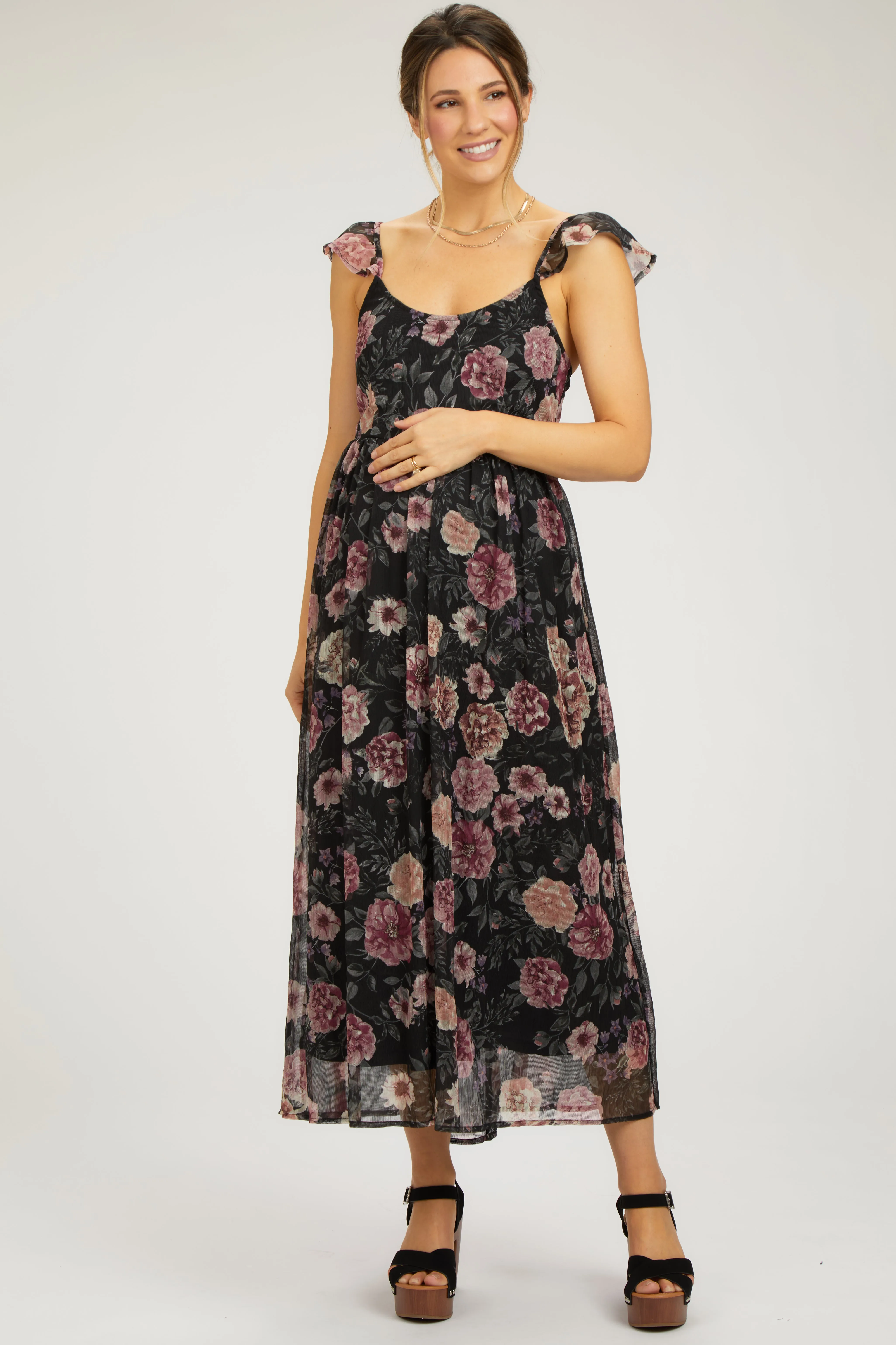 Black Floral Chiffon Back Tie Maternity Maxi Dress sold by Pinkblush product image thumbnail 2
