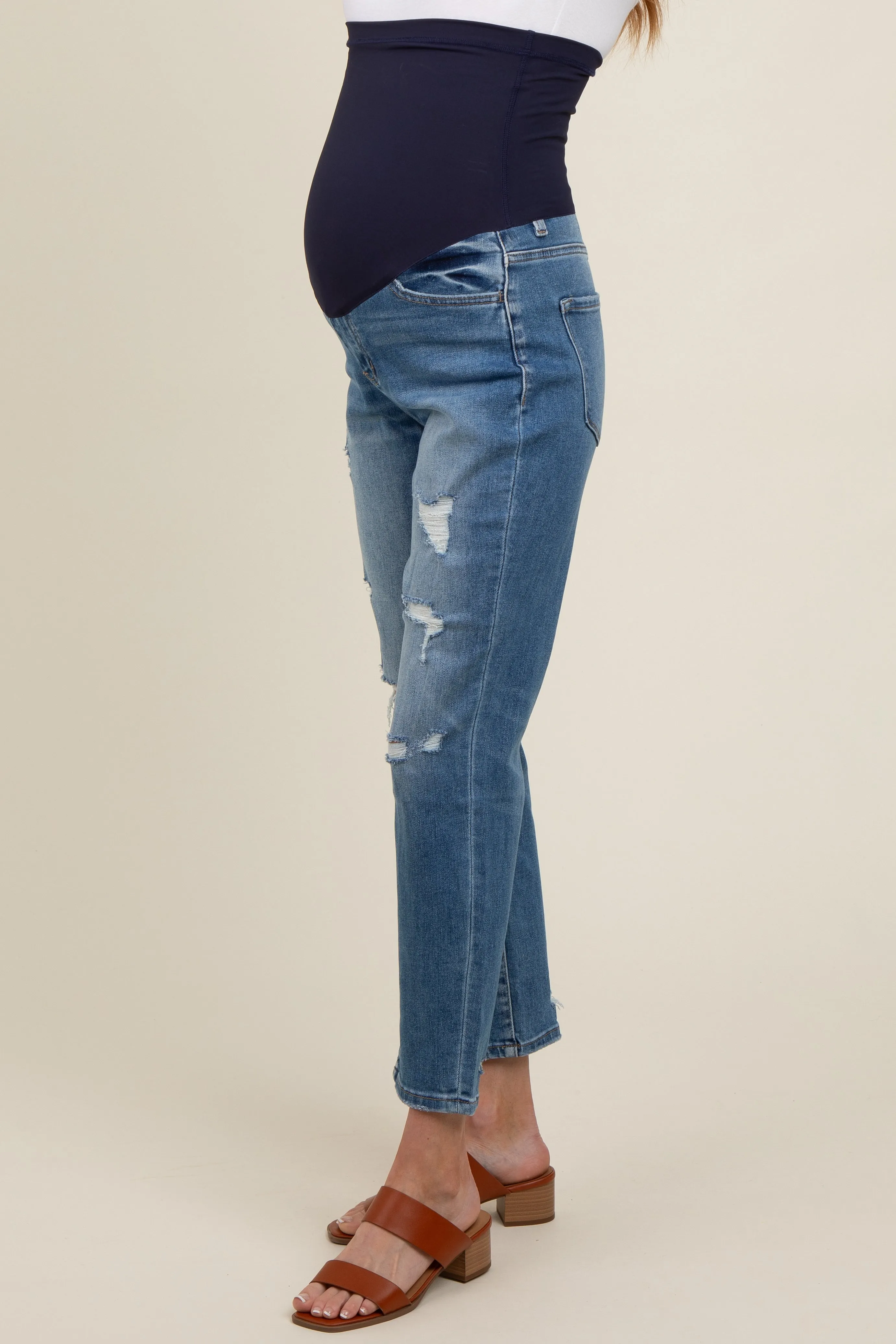 Blue Distressed Open Knee Cropped Straight Leg Maternity Jeans sold by Pinkblush product image thumbnail 4