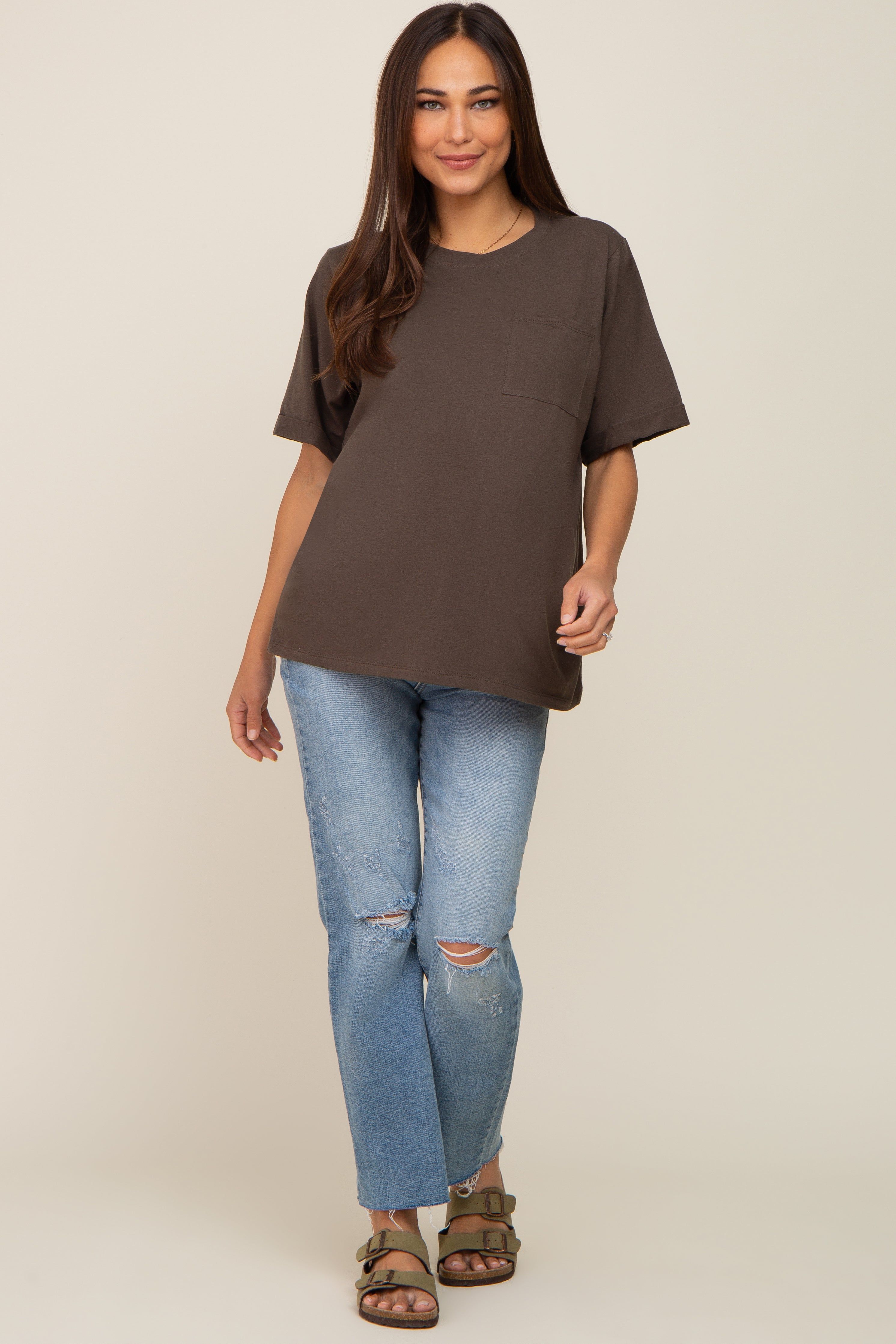 Olive Oversized Pocket Front Short Sleeve Maternity Top sold by Pinkblush product image thumbnail 4