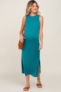 Teal Soft Knit Sleeveless Maternity Midi Dress sold by Pinkblush