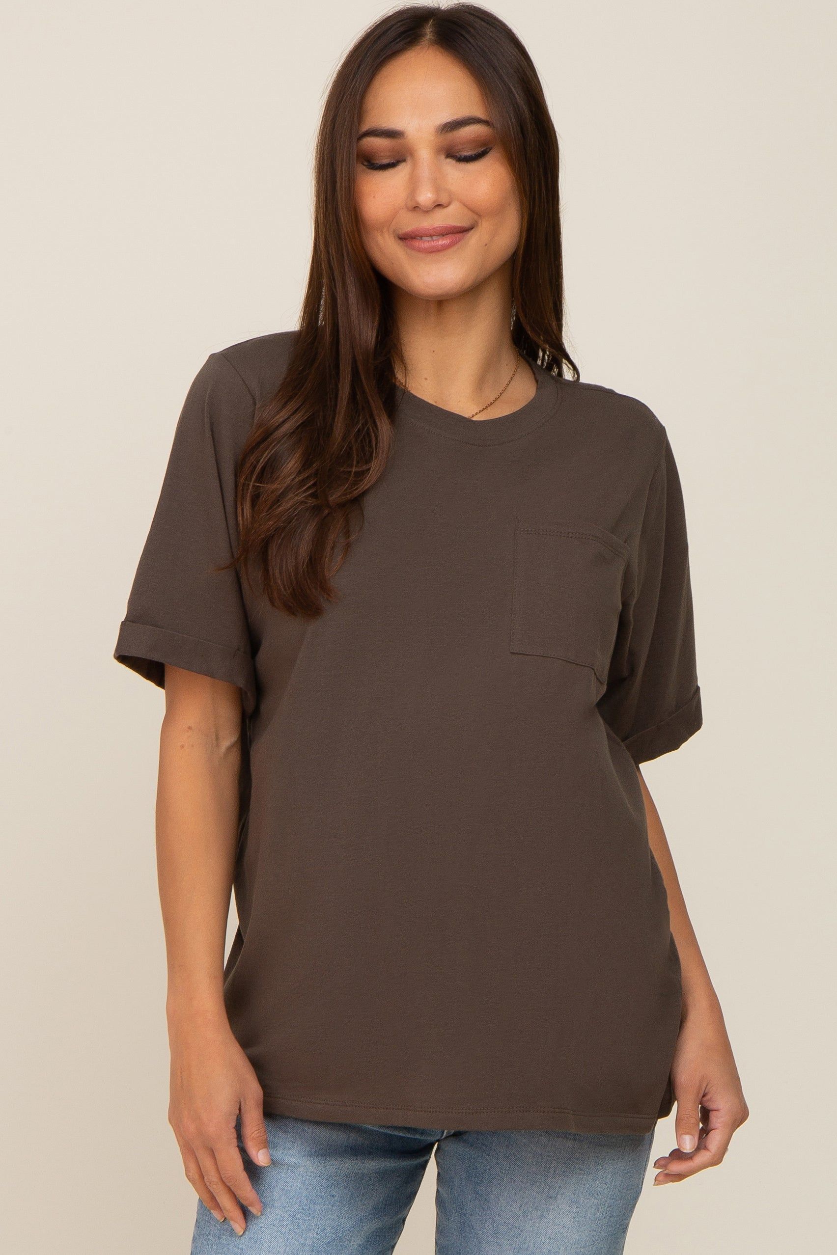 Olive Oversized Pocket Front Short Sleeve Maternity Top sold by Pinkblush