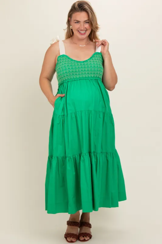Green Ribbon Strap Tiered Plus Maternity Maxi Dress sold by Pinkblush