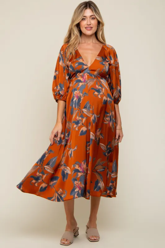 Rust Floral Satin Puff Sleeve Maternity Midi Dress sold by Pinkblush