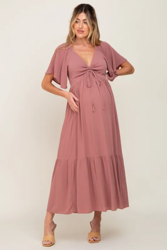 Mauve Flutter Sleeve Cinched Maternity Maxi Dress sold by Pinkblush