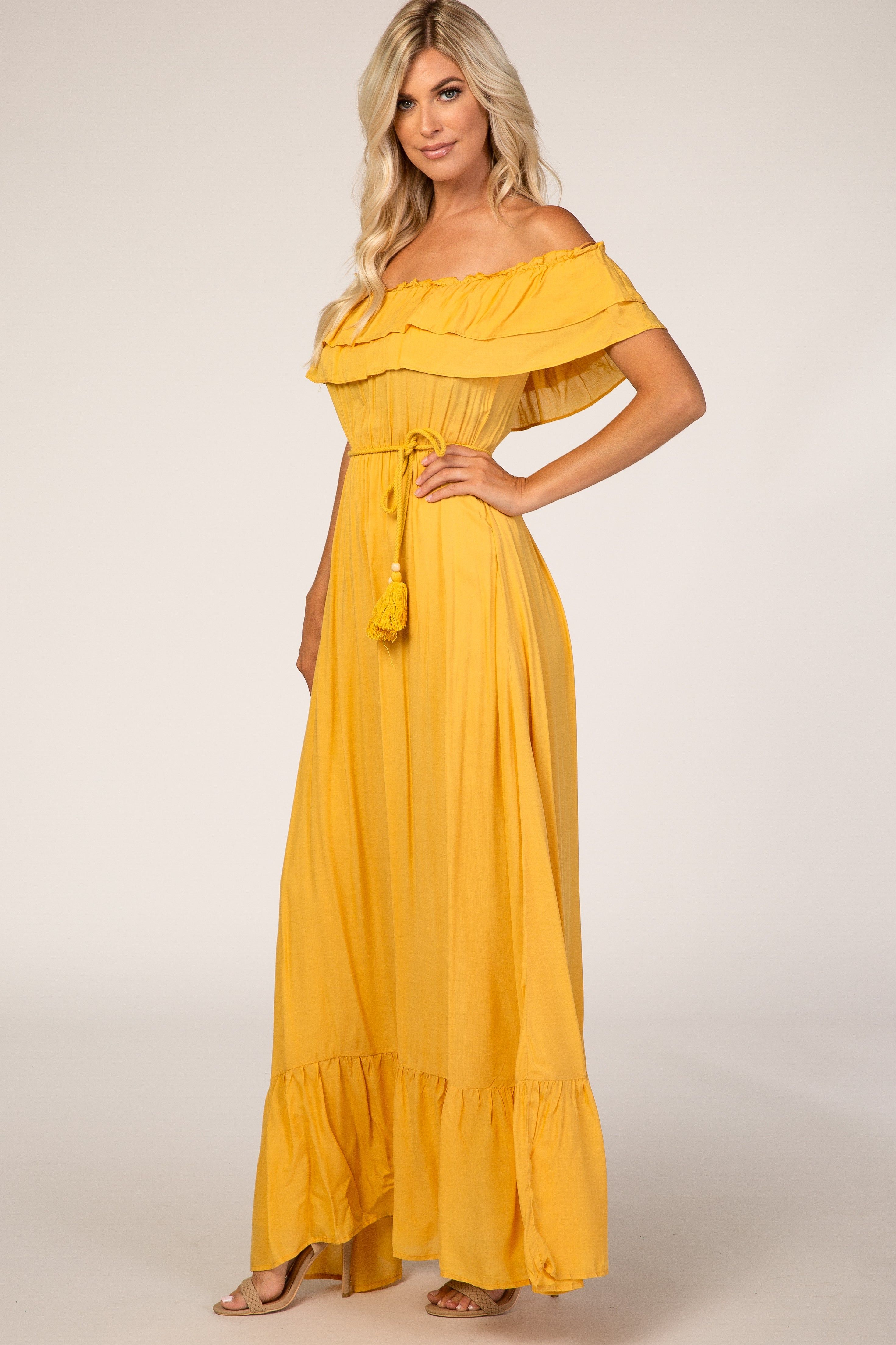 Yellow Off Shoulder Tassel Tie Maxi Dress sold by Pinkblush product image thumbnail 3