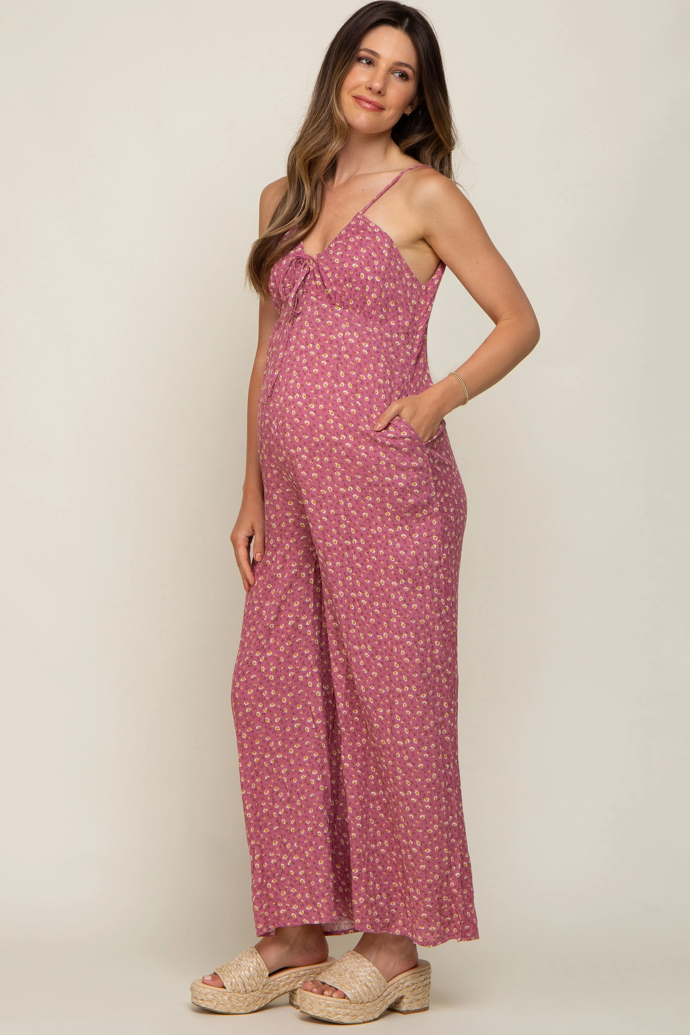 Mauve Floral V-Neck Front Tie Sleeveless Maternity Jumpsuit sold by Pinkblush product image thumbnail 2
